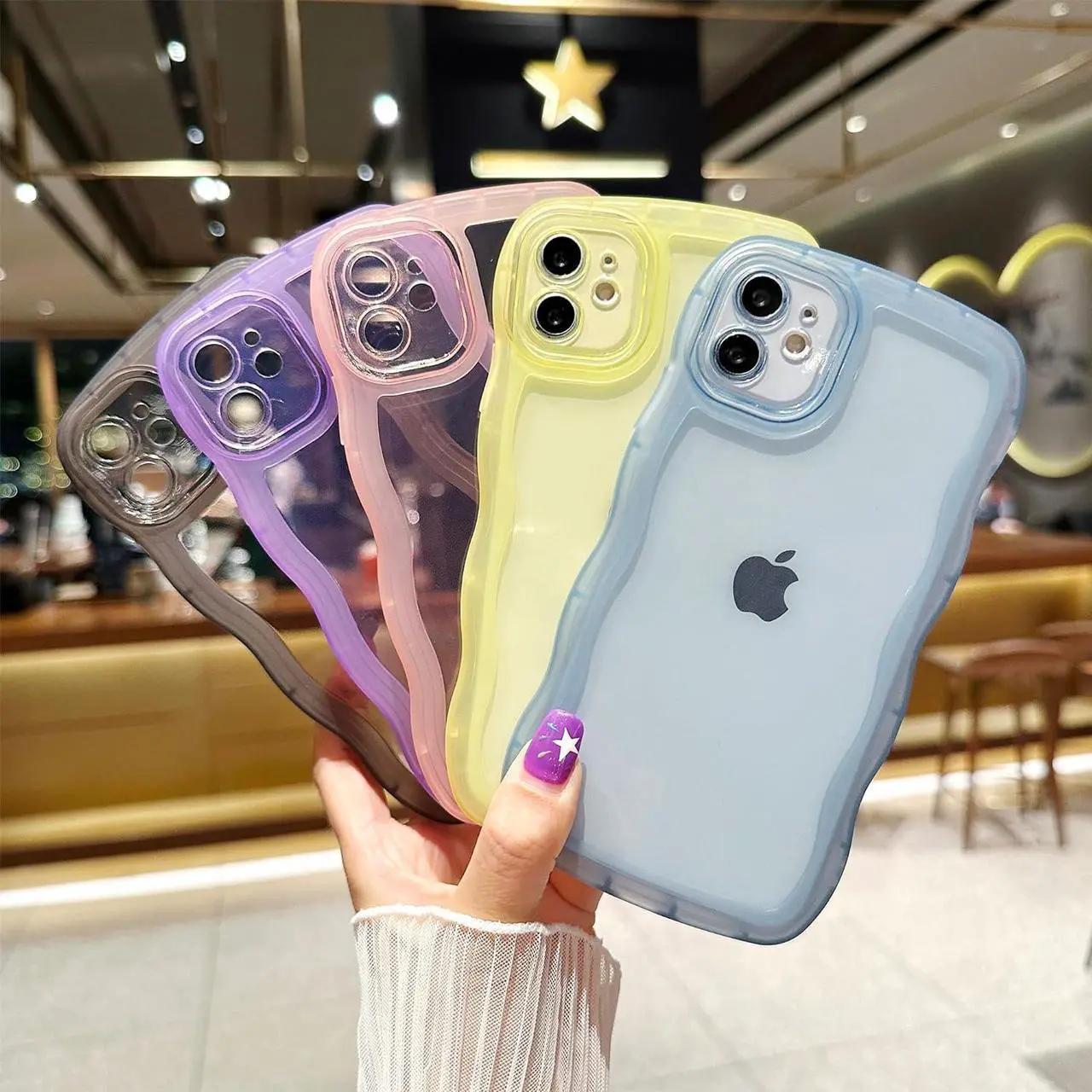 Alt view image 7 of 7 - Compatible with iPhone 12 Mini Case 5.4" 2020, Cute Kawaii Curly Wave Frame Shape Soft Silicone Shockproof Protective Phone Case for Women Girls, Clear/Blue