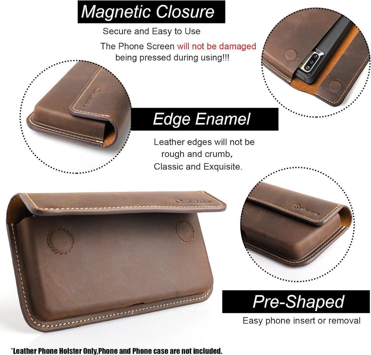 Alt view image 3 of 6 - X-Large Leather Phone Holster for iPhone 14 Pro Max, Horizontal Cell Phone Case for Galaxy S23 Ultra S23 Plus, Phone Belt Holder with Belt Clip for Phone with Protective Case