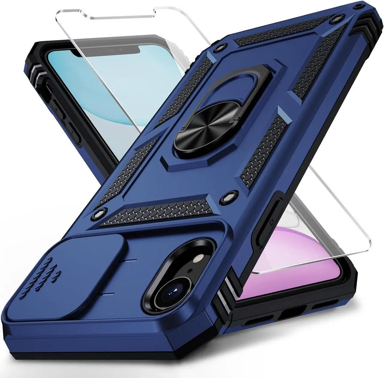 Main image of Weycolor for iPhone XR Case with Camera Lens Cover, HD Screen Protector, 10 FT Military Grade Drop Protection, Magnetic Ring Holder Kickstand Protective Phone Case, Navy Blue