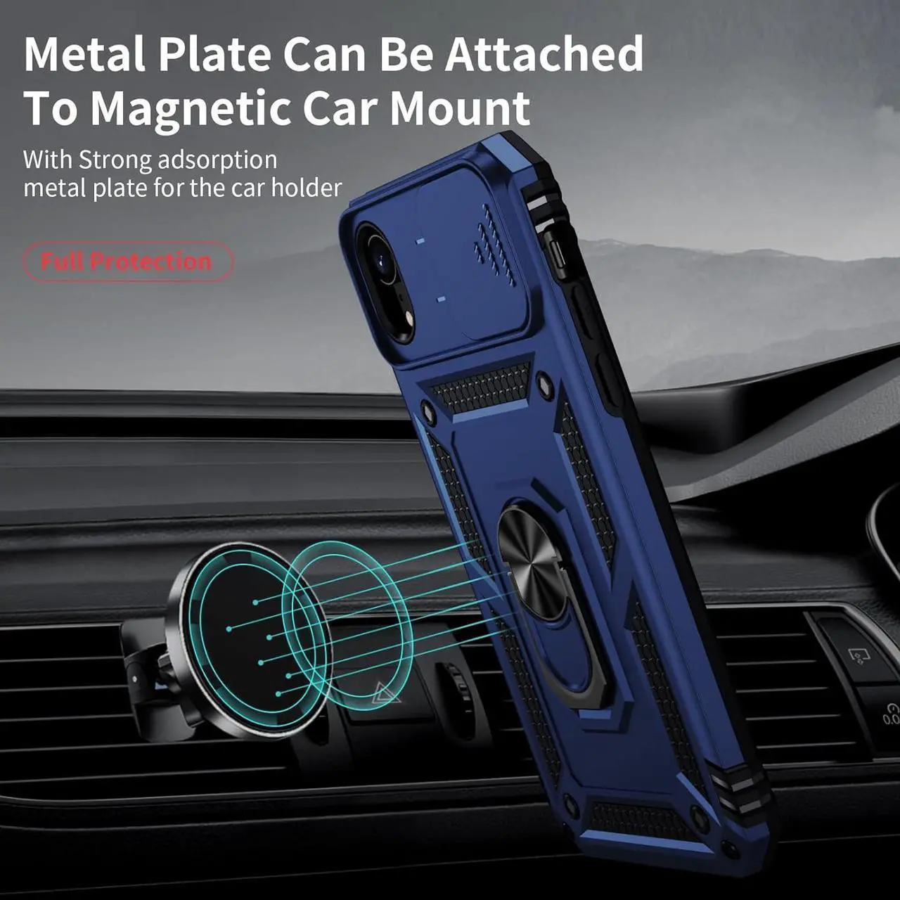 Alt view image 2 of 6 - Weycolor for iPhone XR Case with Camera Lens Cover, HD Screen Protector, 10 FT Military Grade Drop Protection, Magnetic Ring Holder Kickstand Protective Phone Case, Navy Blue
