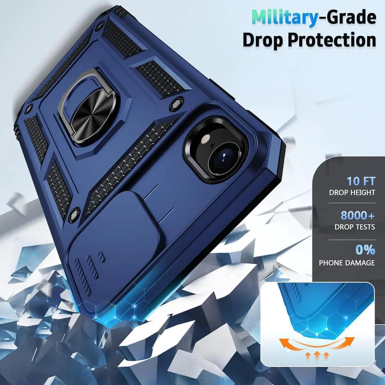 Alt view image 4 of 6 - Weycolor for iPhone XR Case with Camera Lens Cover, HD Screen Protector, 10 FT Military Grade Drop Protection, Magnetic Ring Holder Kickstand Protective Phone Case, Navy Blue