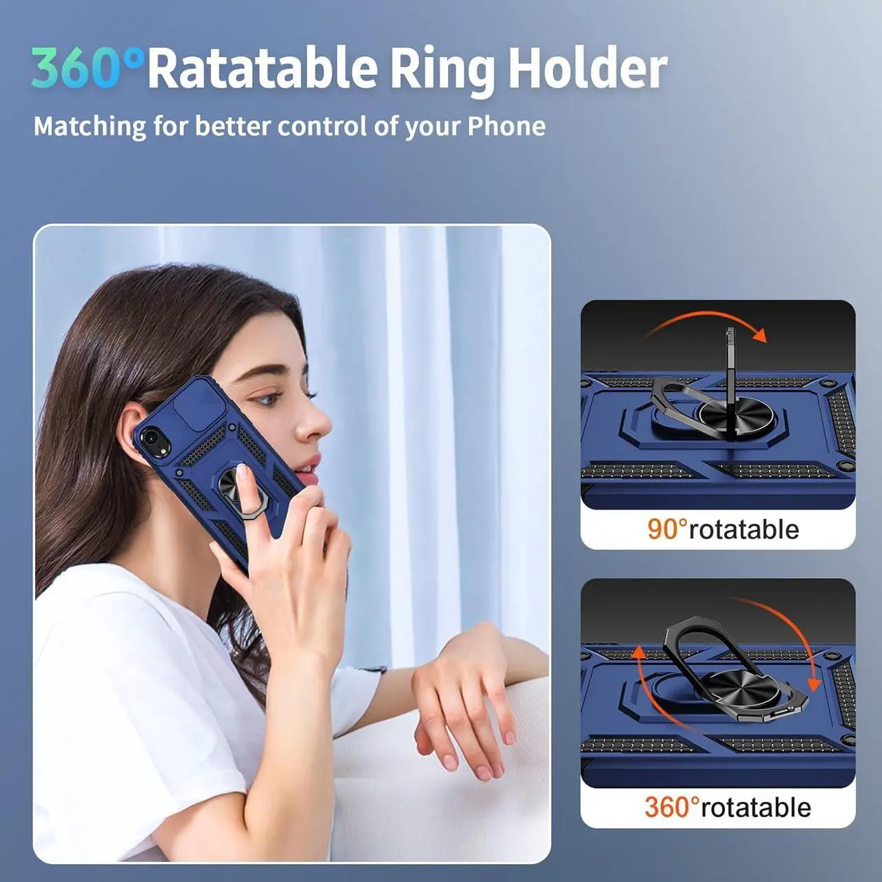 Alt view image 6 of 6 - Weycolor for iPhone XR Case with Camera Lens Cover, HD Screen Protector, 10 FT Military Grade Drop Protection, Magnetic Ring Holder Kickstand Protective Phone Case, Navy Blue