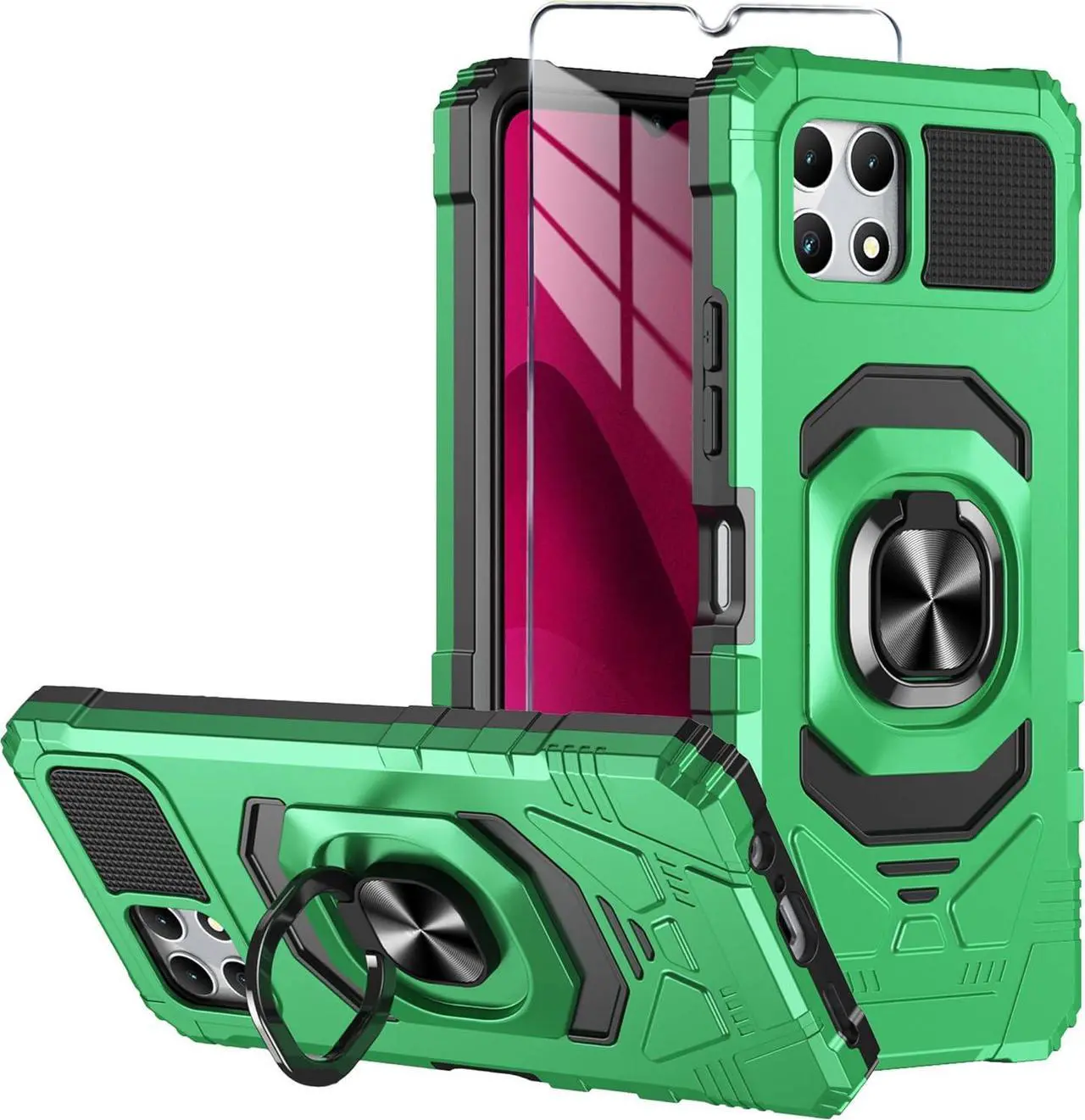 Main image of for T-Mobile REVVL 7 5G Phone Case with Tempered Glass Screen Protector,Military Grade Heavy Duty Shockproof Protective Cover,with Ring Kickstand for REVVL 7 (Green)