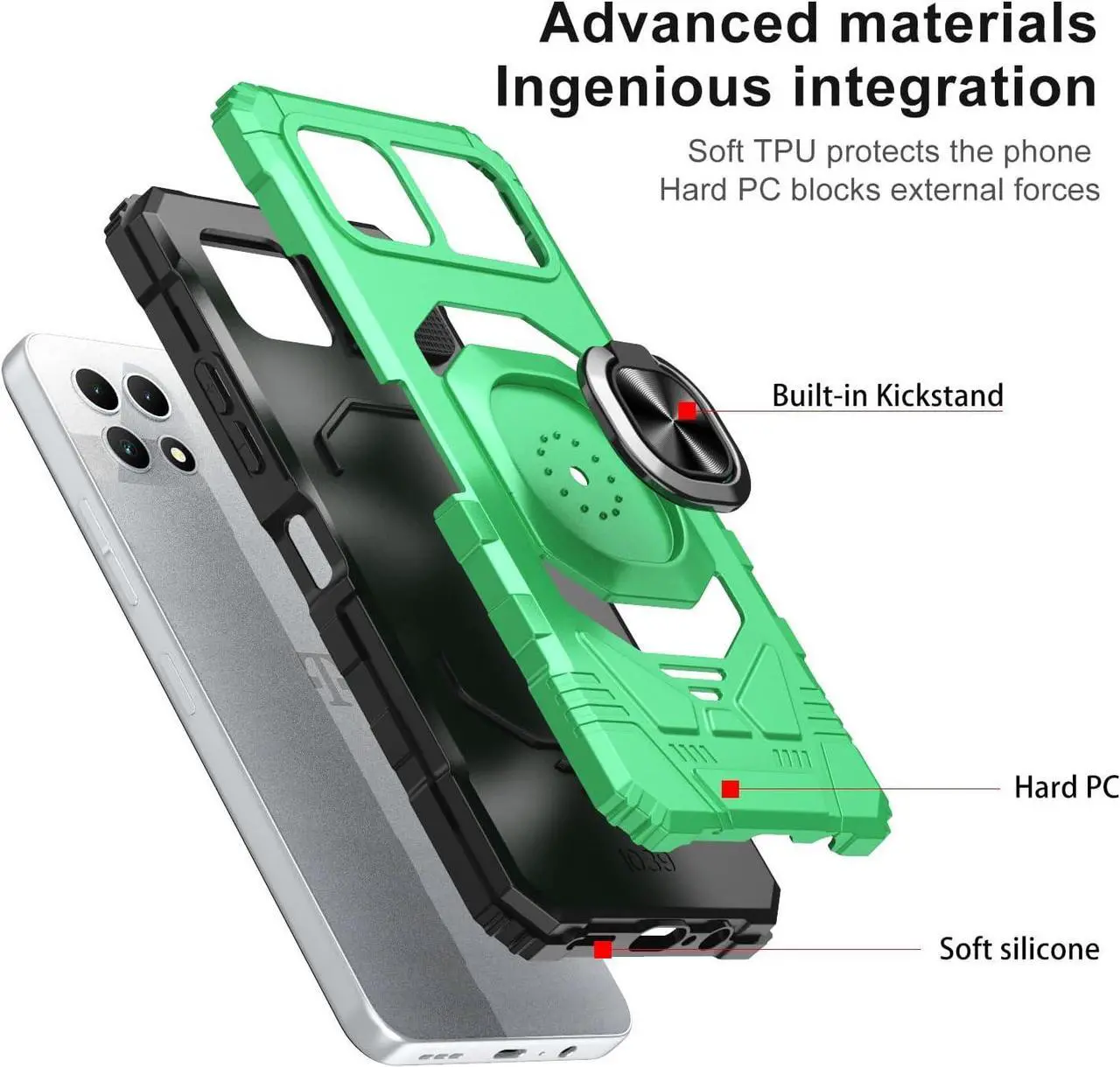 Alt view image 3 of 7 - for T-Mobile REVVL 7 5G Phone Case with Tempered Glass Screen Protector,Military Grade Heavy Duty Shockproof Protective Cover,with Ring Kickstand for REVVL 7 (Green)