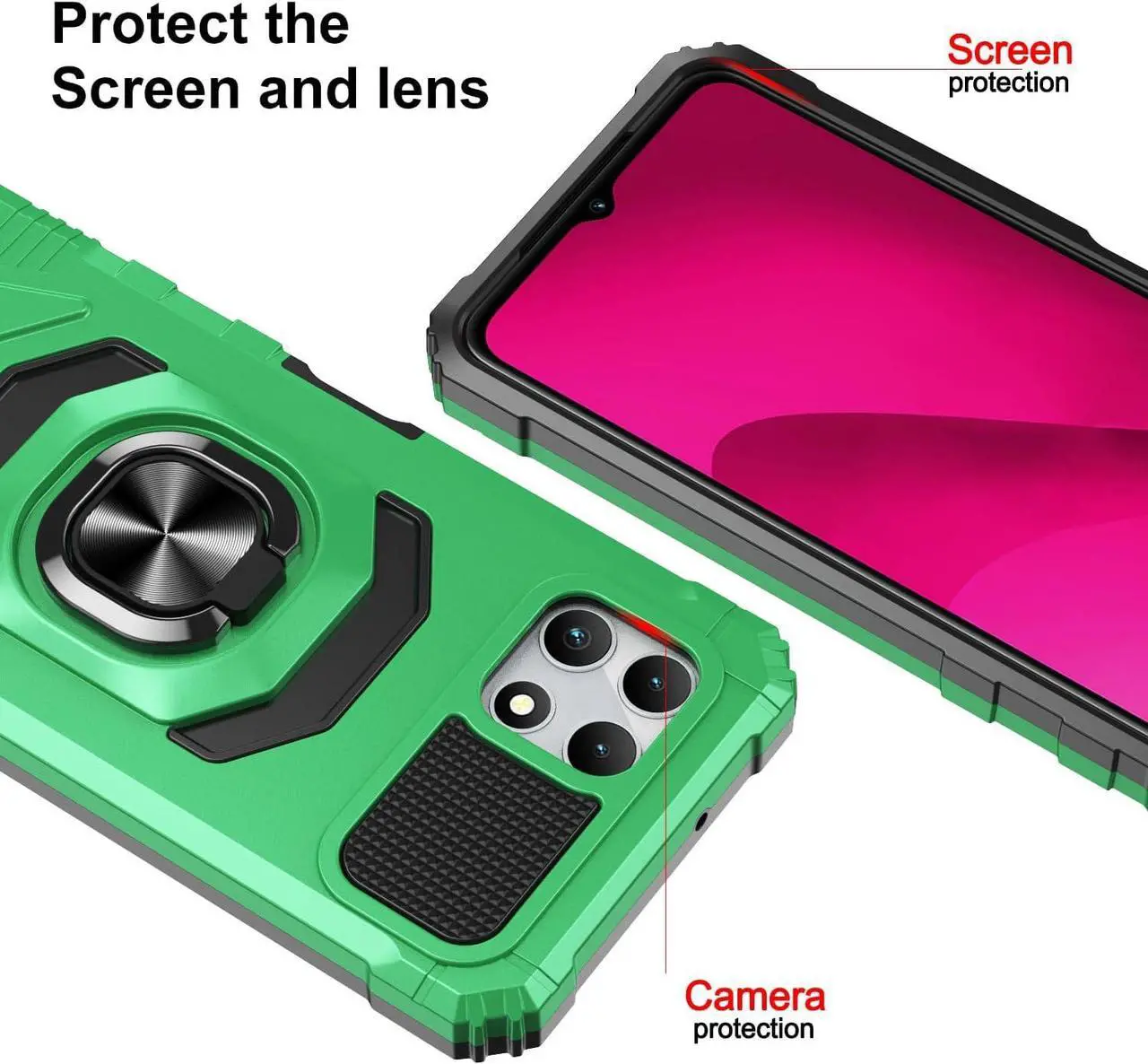 Alt view image 2 of 7 - for T-Mobile REVVL 7 5G Phone Case with Tempered Glass Screen Protector,Military Grade Heavy Duty Shockproof Protective Cover,with Ring Kickstand for REVVL 7 (Green)