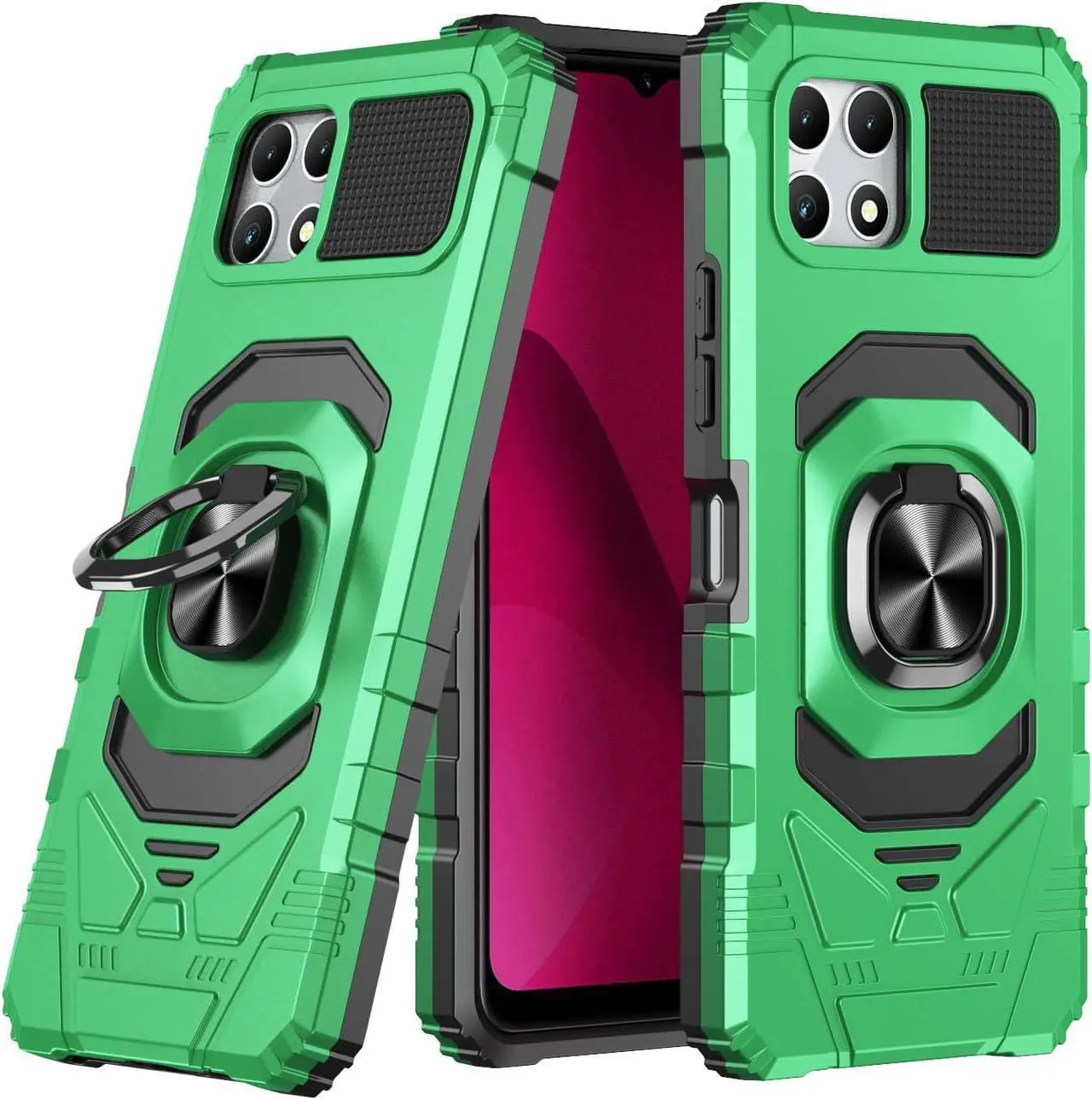 Alt view image 7 of 7 - for T-Mobile REVVL 7 5G Phone Case with Tempered Glass Screen Protector,Military Grade Heavy Duty Shockproof Protective Cover,with Ring Kickstand for REVVL 7 (Green)