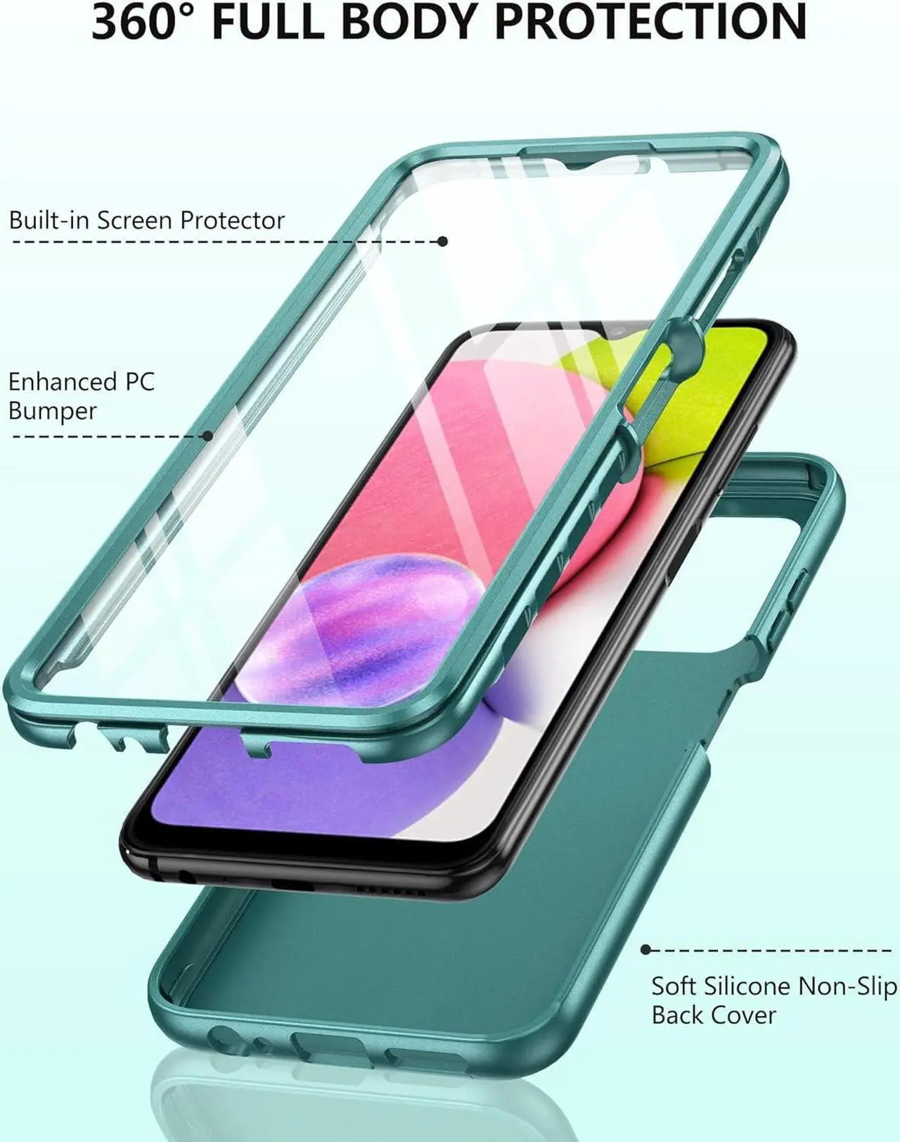Alt view image 3 of 7 - for Samsung Galaxy A03s Phone Case: Shockproof Silicone Slim Covers Hybrid Pretty Protective Cell Cases - Durable TPU Dual Layer Drop-Proof Girl, Boys Cute Cover (Forest Green)