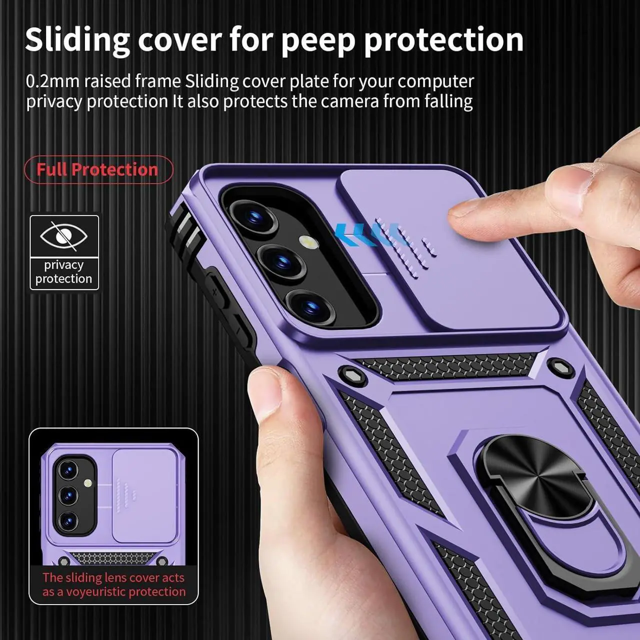 Alt view image 2 of 6 - for Samsung Galaxy A15 5G Case with Slide Lens Cover, HD Screen Protector, Military Grade Drop Protection, Magnetic Rotated Ring Holder Kickstand Phone Case, Lavender