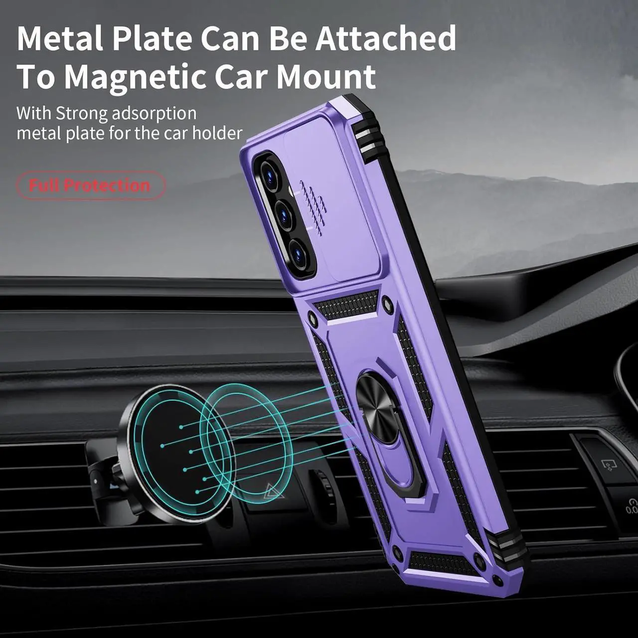 Alt view image 3 of 6 - for Samsung Galaxy A15 5G Case with Slide Lens Cover, HD Screen Protector, Military Grade Drop Protection, Magnetic Rotated Ring Holder Kickstand Phone Case, Lavender