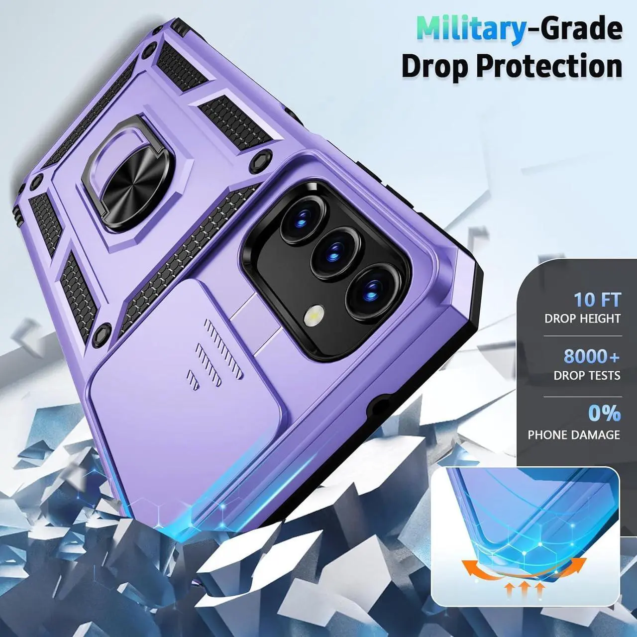 Alt view image 4 of 6 - for Samsung Galaxy A15 5G Case with Slide Lens Cover, HD Screen Protector, Military Grade Drop Protection, Magnetic Rotated Ring Holder Kickstand Phone Case, Lavender
