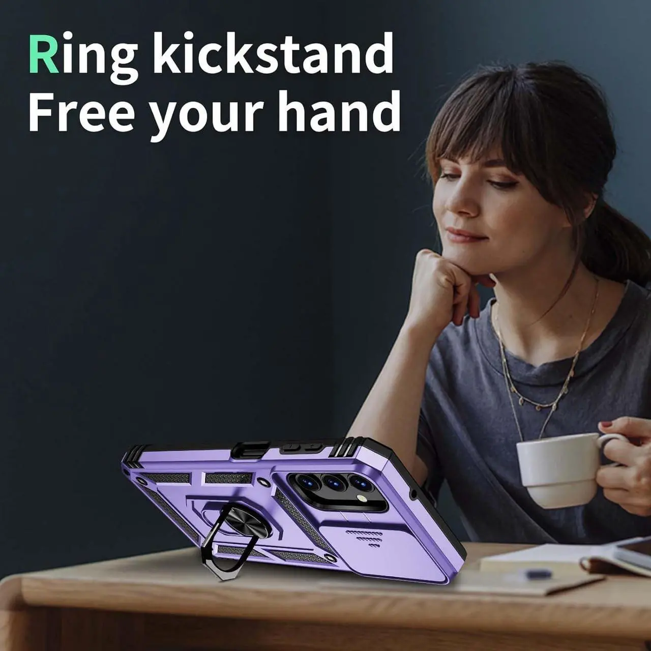 Alt view image 5 of 6 - for Samsung Galaxy A15 5G Case with Slide Lens Cover, HD Screen Protector, Military Grade Drop Protection, Magnetic Rotated Ring Holder Kickstand Phone Case, Lavender