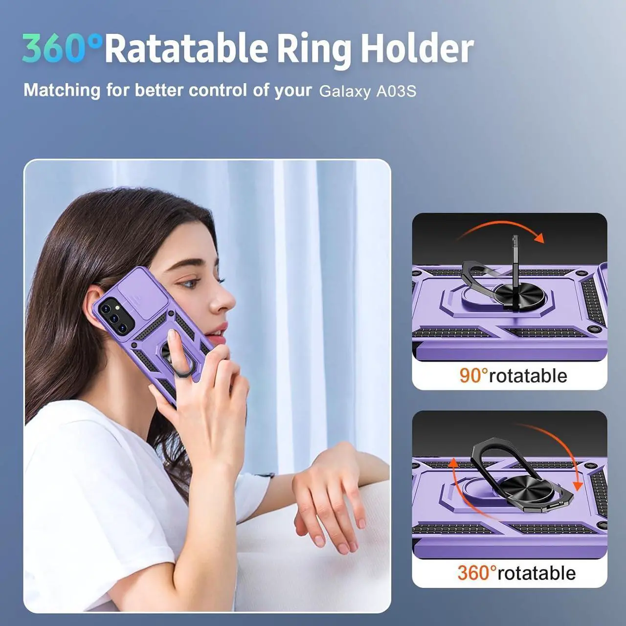 Alt view image 6 of 6 - for Samsung Galaxy A15 5G Case with Slide Lens Cover, HD Screen Protector, Military Grade Drop Protection, Magnetic Rotated Ring Holder Kickstand Phone Case, Lavender