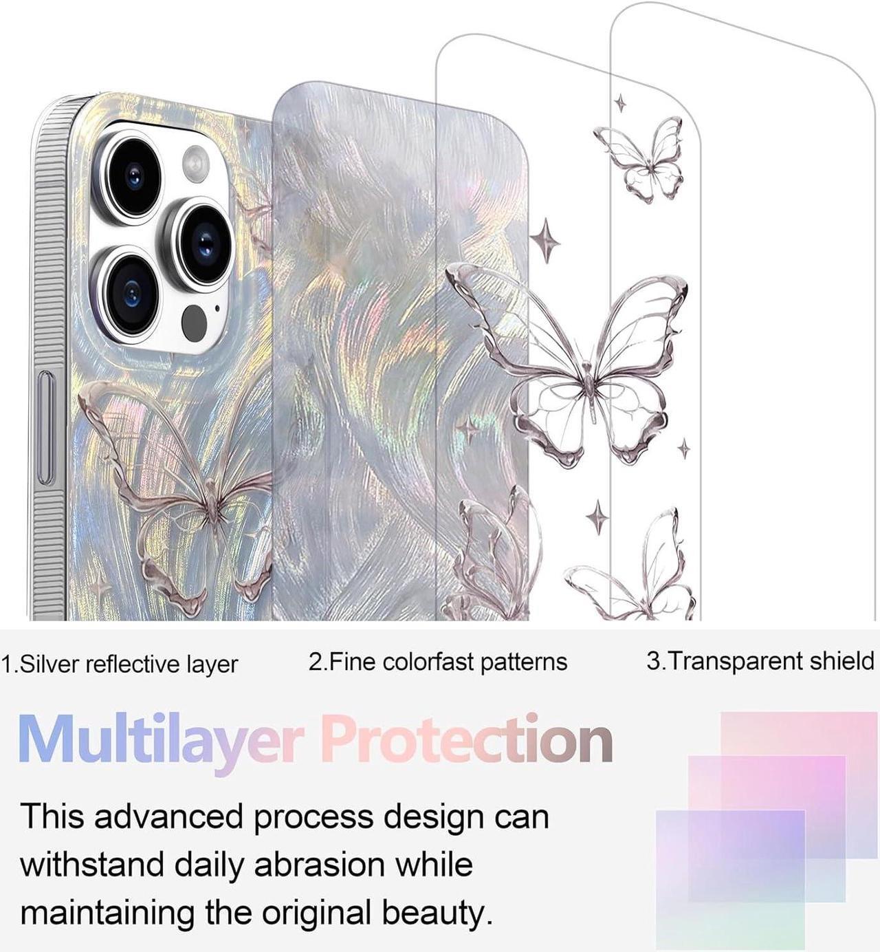 Alt view image 2 of 7 - Designed for iPhone 12 Case, Designed for iPhone 12 Pro Case,Cute trendy Soft Slim TPU Shockproof Protective Butterfly Phone Cases Cover for Women Girls Aesthetic Glitter, Shiny Silver