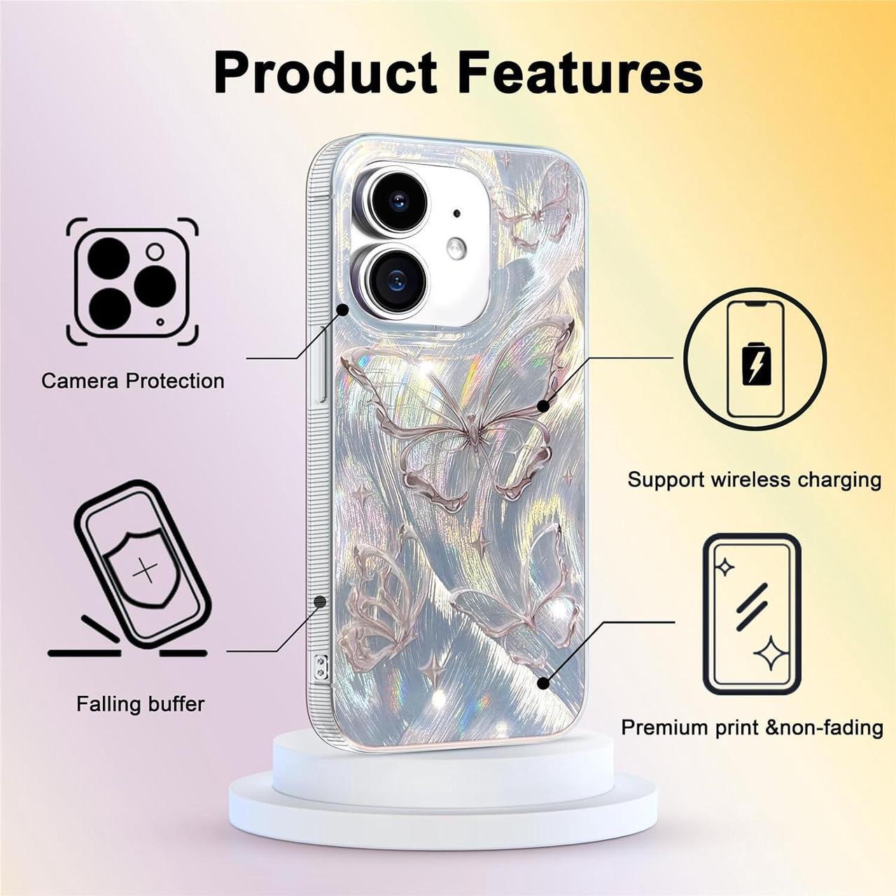 Alt view image 5 of 7 - Designed for iPhone 12 Case, Designed for iPhone 12 Pro Case,Cute trendy Soft Slim TPU Shockproof Protective Butterfly Phone Cases Cover for Women Girls Aesthetic Glitter, Shiny Silver