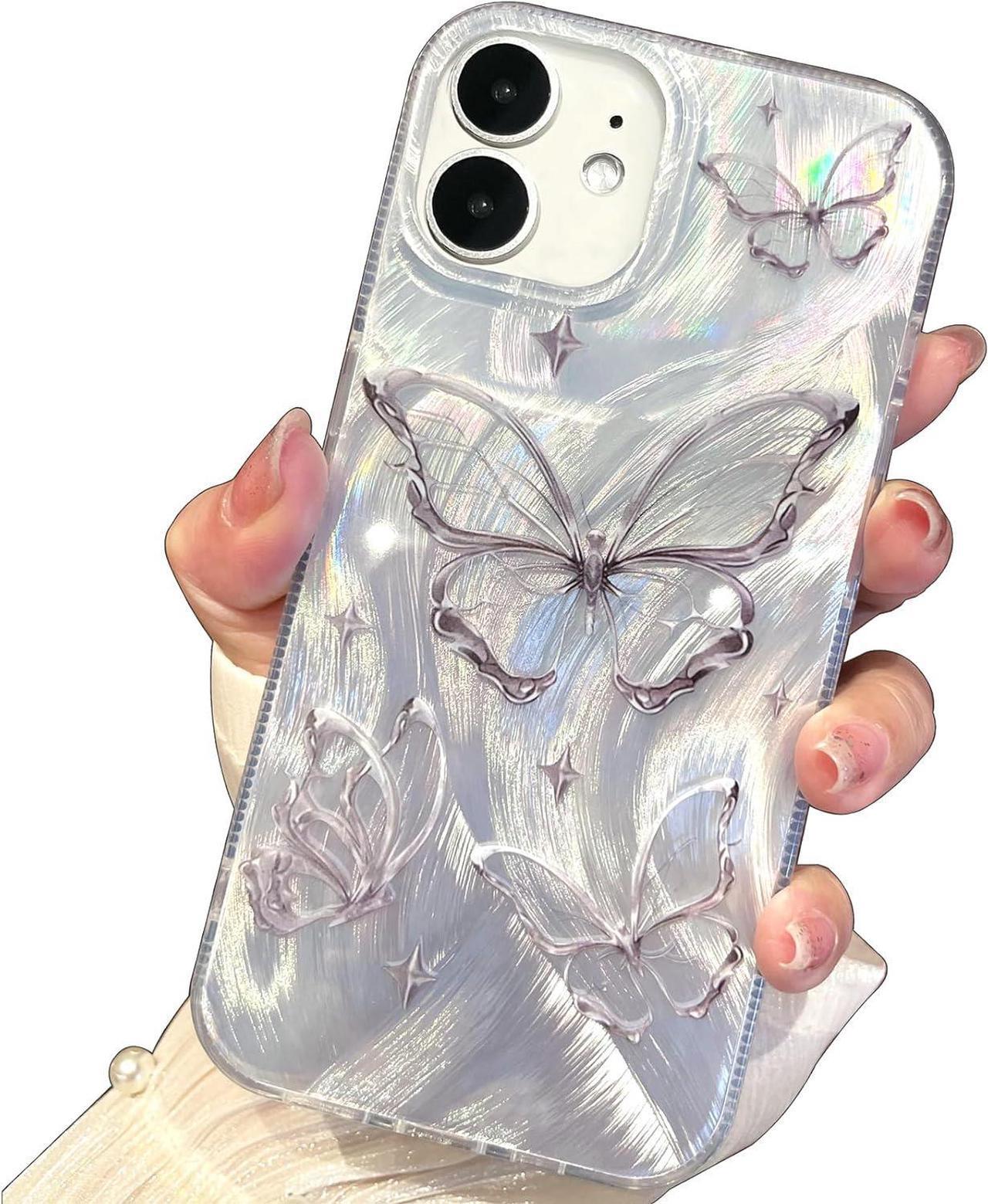 Alt view image 7 of 7 - Designed for iPhone 12 Case, Designed for iPhone 12 Pro Case,Cute trendy Soft Slim TPU Shockproof Protective Butterfly Phone Cases Cover for Women Girls Aesthetic Glitter, Shiny Silver