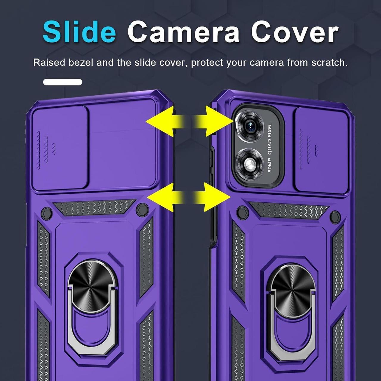Alt view image 3 of 7 - Janmitta Compatible with Moto G Play 2024 Case Built in Slide Camera Lens Cover+Screen Protector+Ring Holder,Heavy Duty Shockproof Full Body Protective Phone Cover,Purple