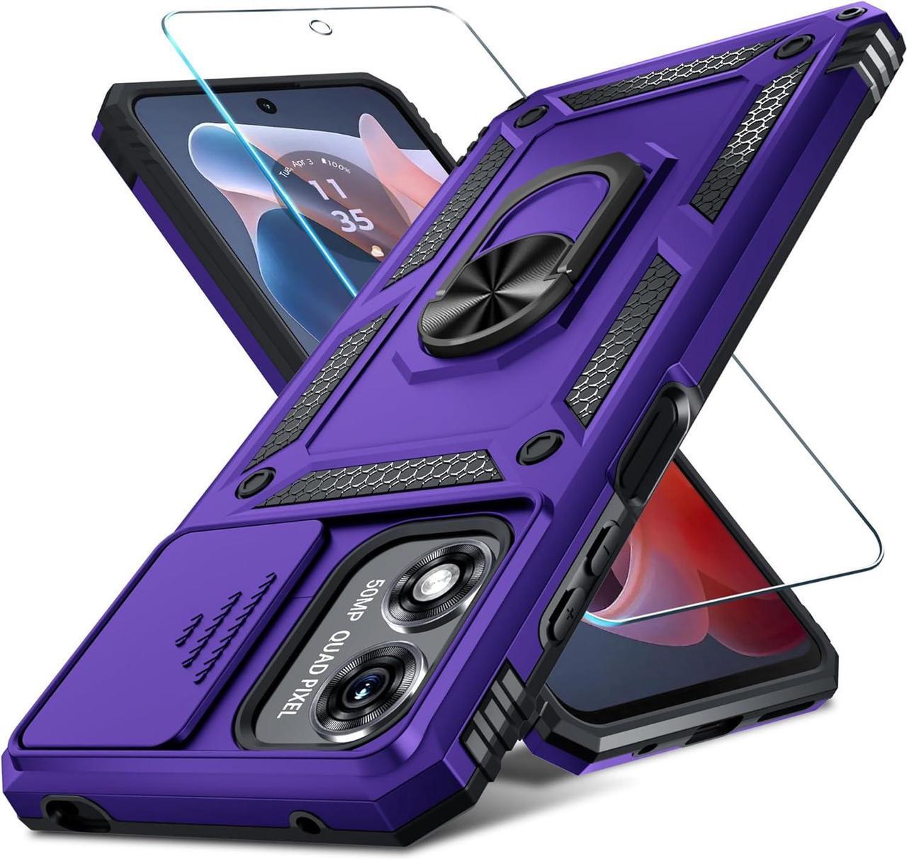 Main image of Janmitta Compatible with Moto G Play 2024 Case Built in Slide Camera Lens Cover+Screen Protector+Ring Holder,Heavy Duty Shockproof Full Body Protective Phone Cover,Purple