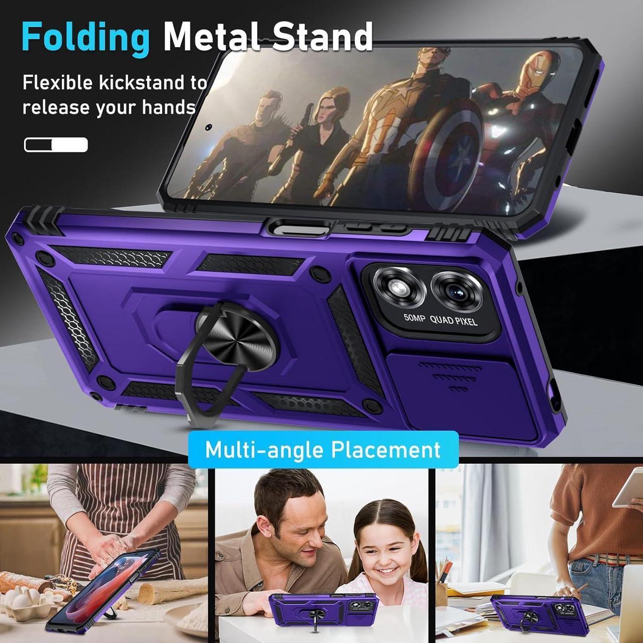 Alt view image 2 of 7 - Janmitta Compatible with Moto G Play 2024 Case Built in Slide Camera Lens Cover+Screen Protector+Ring Holder,Heavy Duty Shockproof Full Body Protective Phone Cover,Purple