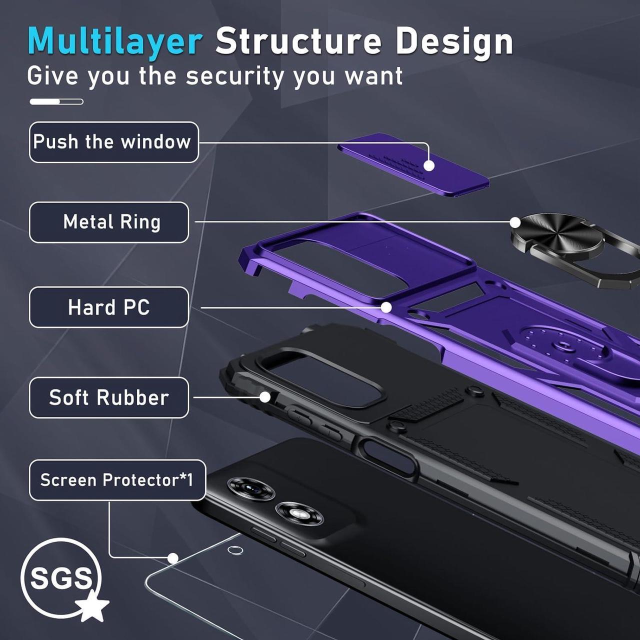 Alt view image 4 of 7 - Janmitta Compatible with Moto G Play 2024 Case Built in Slide Camera Lens Cover+Screen Protector+Ring Holder,Heavy Duty Shockproof Full Body Protective Phone Cover,Purple