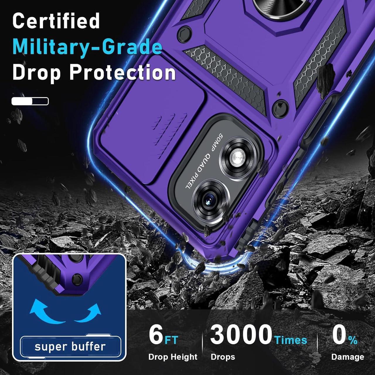 Alt view image 5 of 7 - Janmitta Compatible with Moto G Play 2024 Case Built in Slide Camera Lens Cover+Screen Protector+Ring Holder,Heavy Duty Shockproof Full Body Protective Phone Cover,Purple