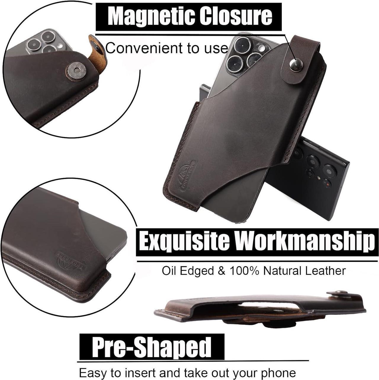 Alt view image 3 of 6 - Topstache Leather Phone Holster with Belt Clip Loop, Leather Belt Case with Magnetic Closure,Cell Phone Case for iPhone, Belt Phone Pouch for Samsung,Leather Phone Sheath for Belt,Darkbrown,Medium