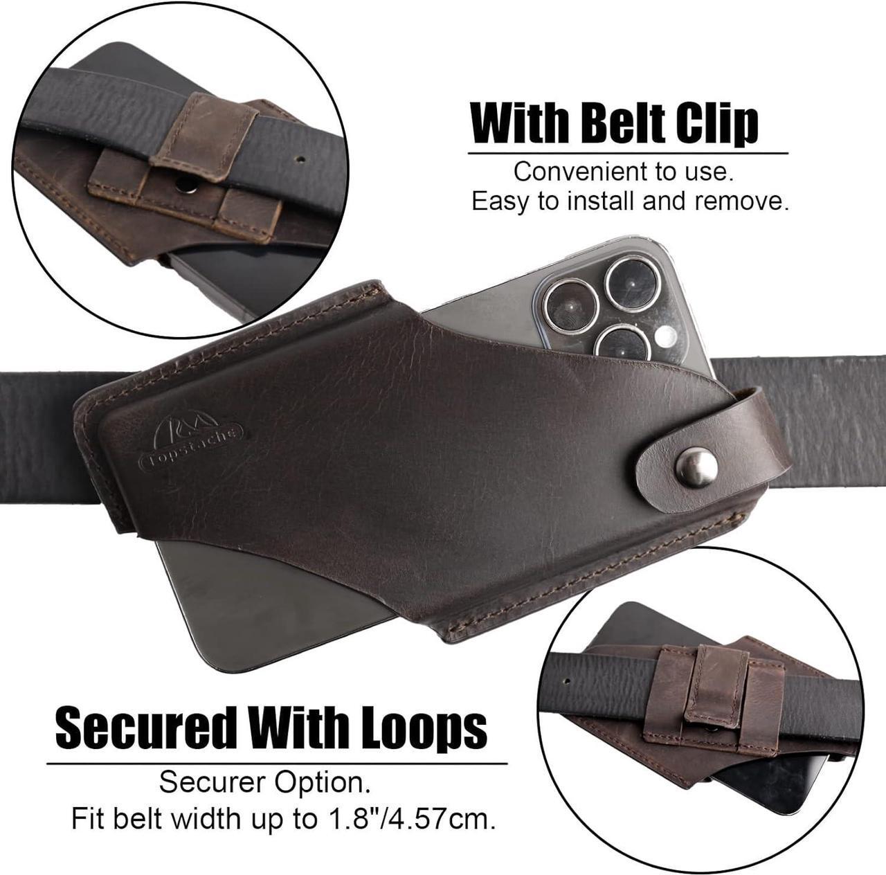 Alt view image 4 of 6 - Topstache Leather Phone Holster with Belt Clip Loop, Leather Belt Case with Magnetic Closure,Cell Phone Case for iPhone, Belt Phone Pouch for Samsung,Leather Phone Sheath for Belt,Darkbrown,Medium
