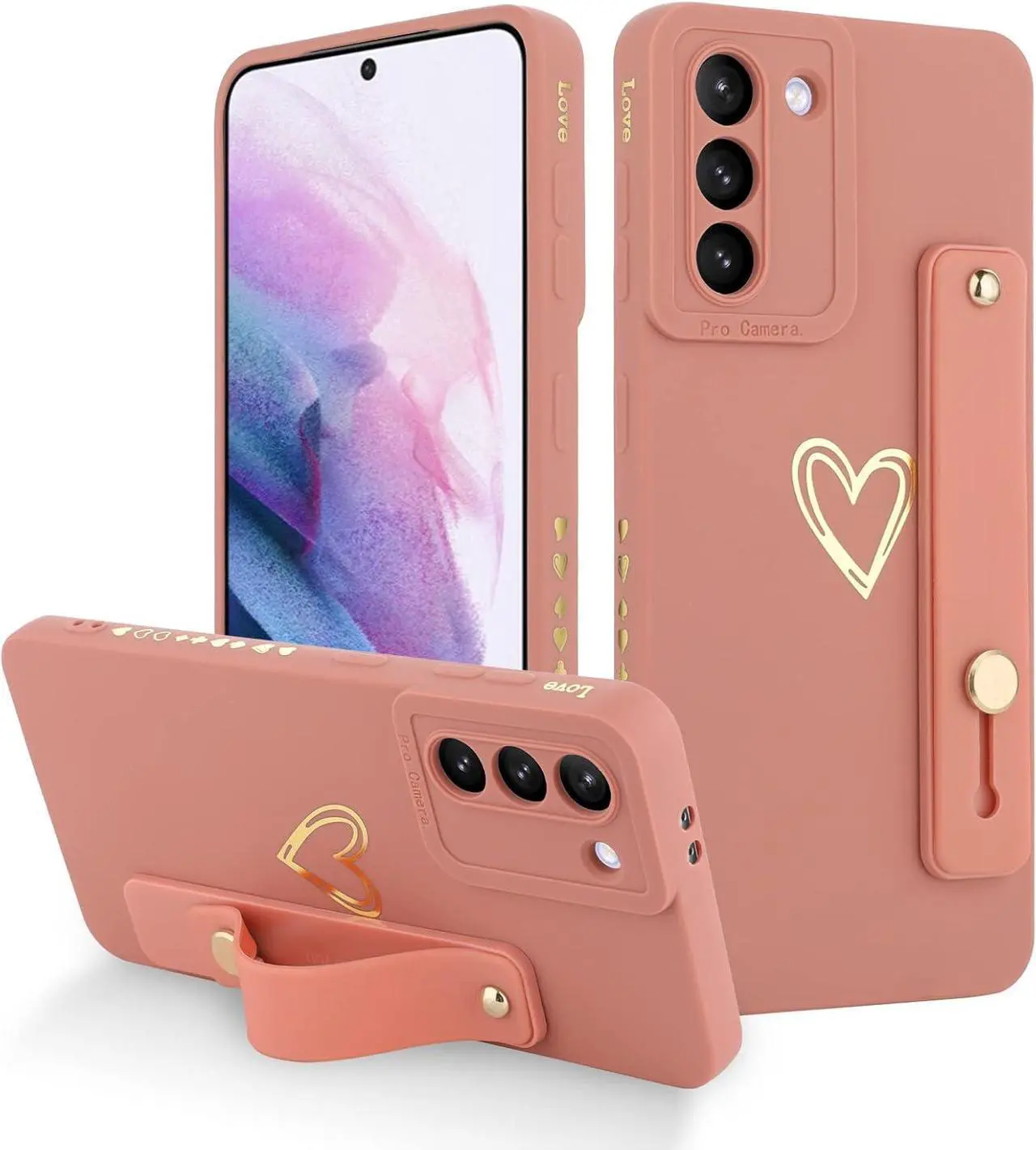 Main image of Fiyart Galaxy S21 5G Case - Pink Love Hearts, Slim Protective Cover, Wrist Strap, Kickstand, Bumper & Camera Protection for 6.2" Samsung