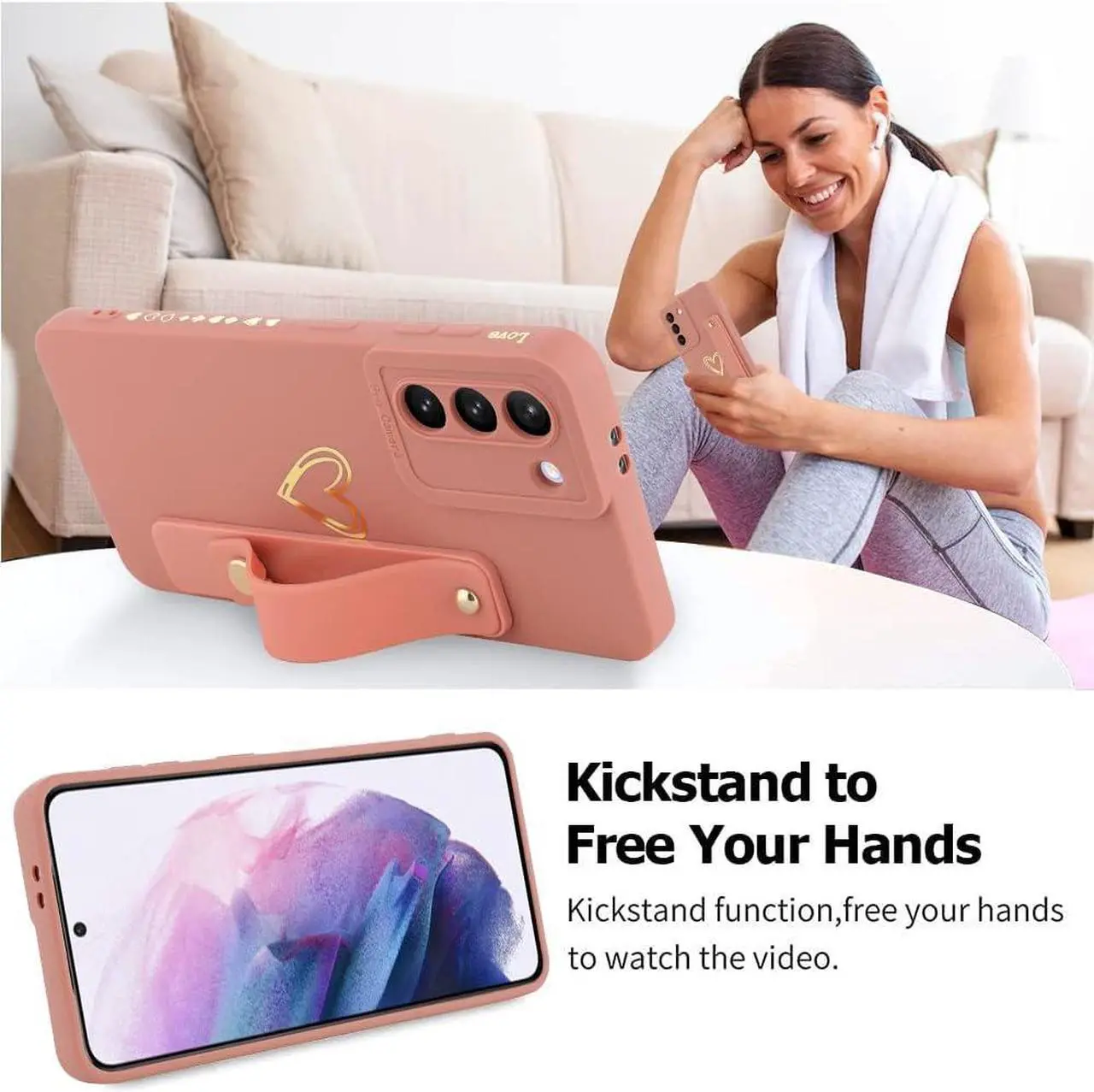 Alt view image 3 of 7 - Fiyart Galaxy S21 5G Case - Pink Love Hearts, Slim Protective Cover, Wrist Strap, Kickstand, Bumper & Camera Protection for 6.2" Samsung