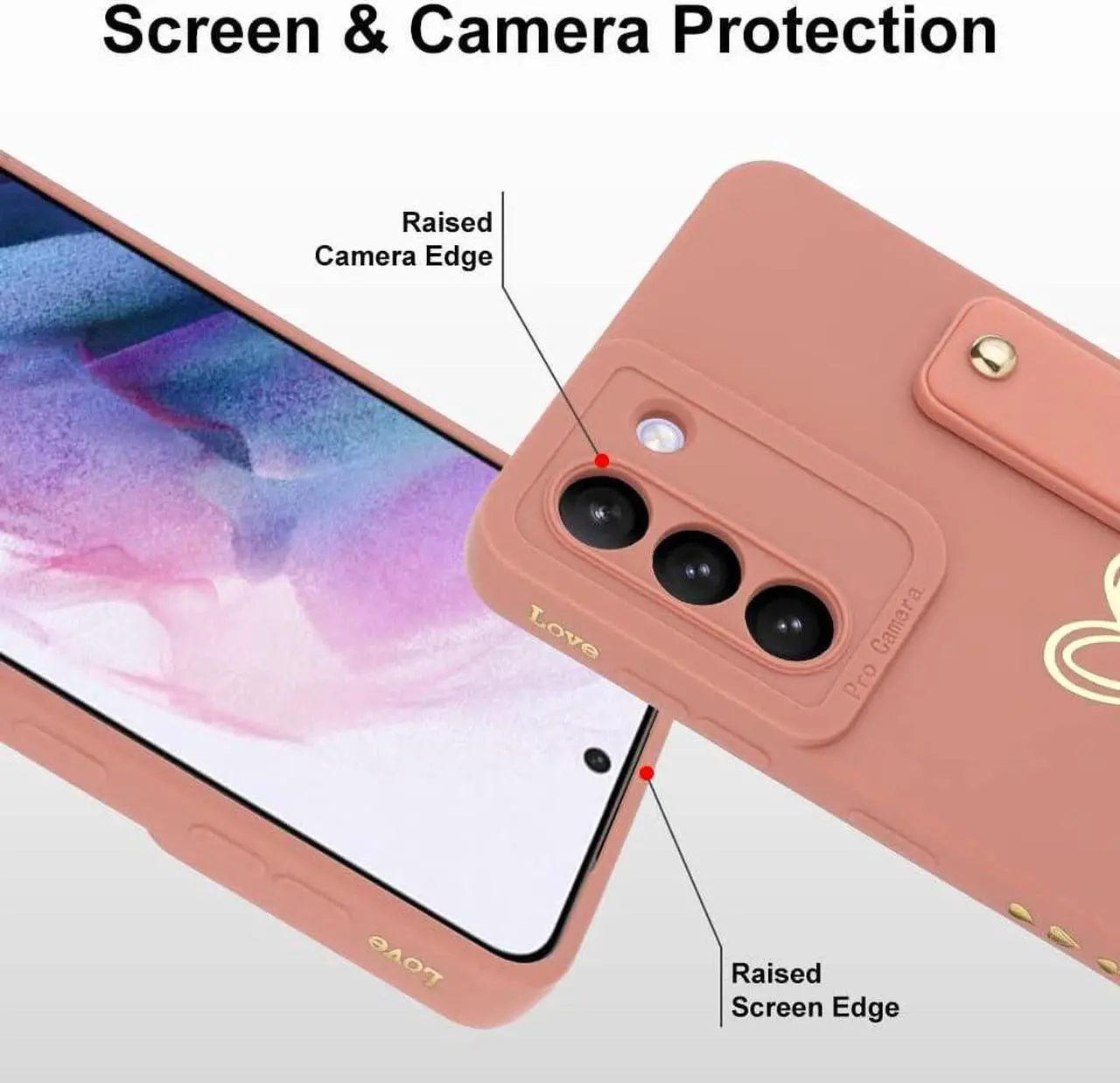 Alt view image 4 of 7 - Fiyart Galaxy S21 5G Case - Pink Love Hearts, Slim Protective Cover, Wrist Strap, Kickstand, Bumper & Camera Protection for 6.2" Samsung