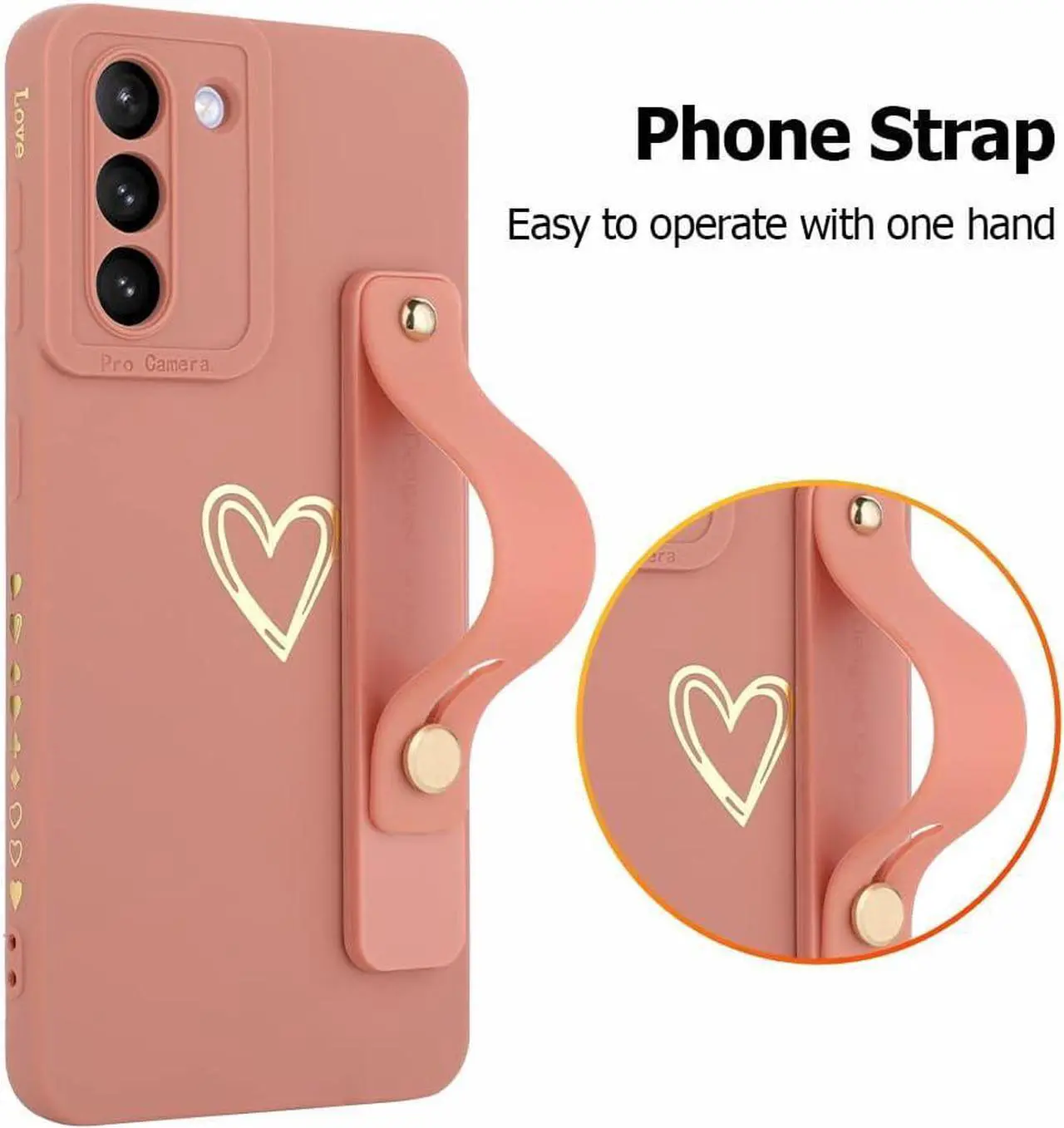 Alt view image 5 of 7 - Fiyart Galaxy S21 5G Case - Pink Love Hearts, Slim Protective Cover, Wrist Strap, Kickstand, Bumper & Camera Protection for 6.2" Samsung