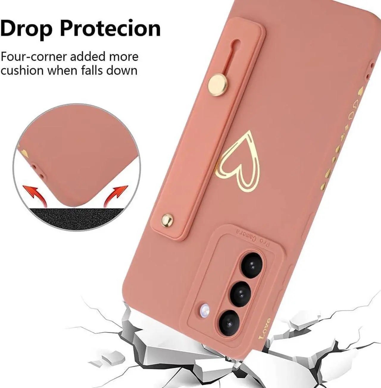Alt view image 6 of 7 - Fiyart Galaxy S21 5G Case - Pink Love Hearts, Slim Protective Cover, Wrist Strap, Kickstand, Bumper & Camera Protection for 6.2" Samsung