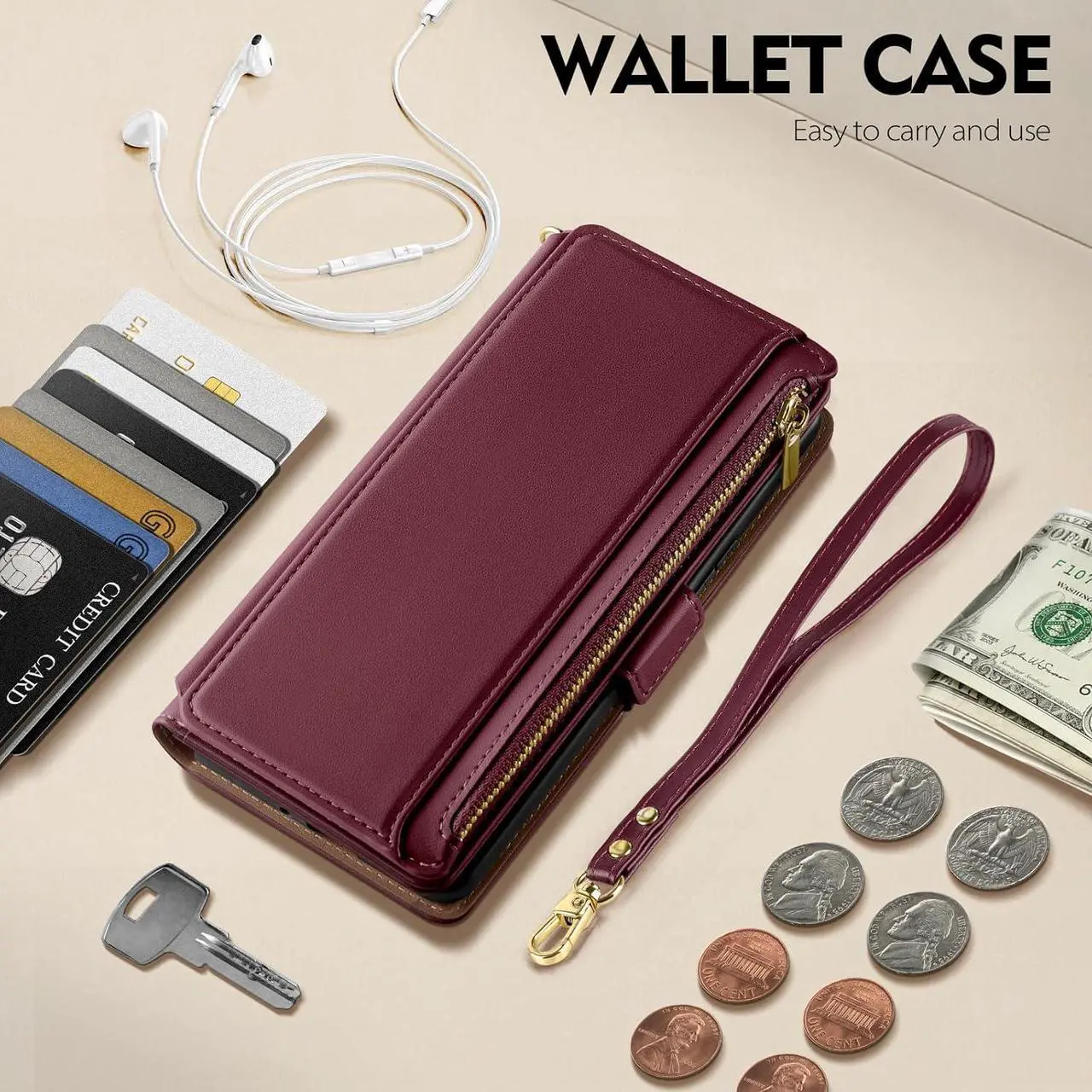 Alt view image 3 of 7 - for iPhone 11 Wallet CaseRFID Blocking PU Leather Phone Case Women Men flip Shockproof Protective Cover with Wrist Strap Zipper Pocket Credit Card Holder Slots,for Apple 11 6.1",Wine Red