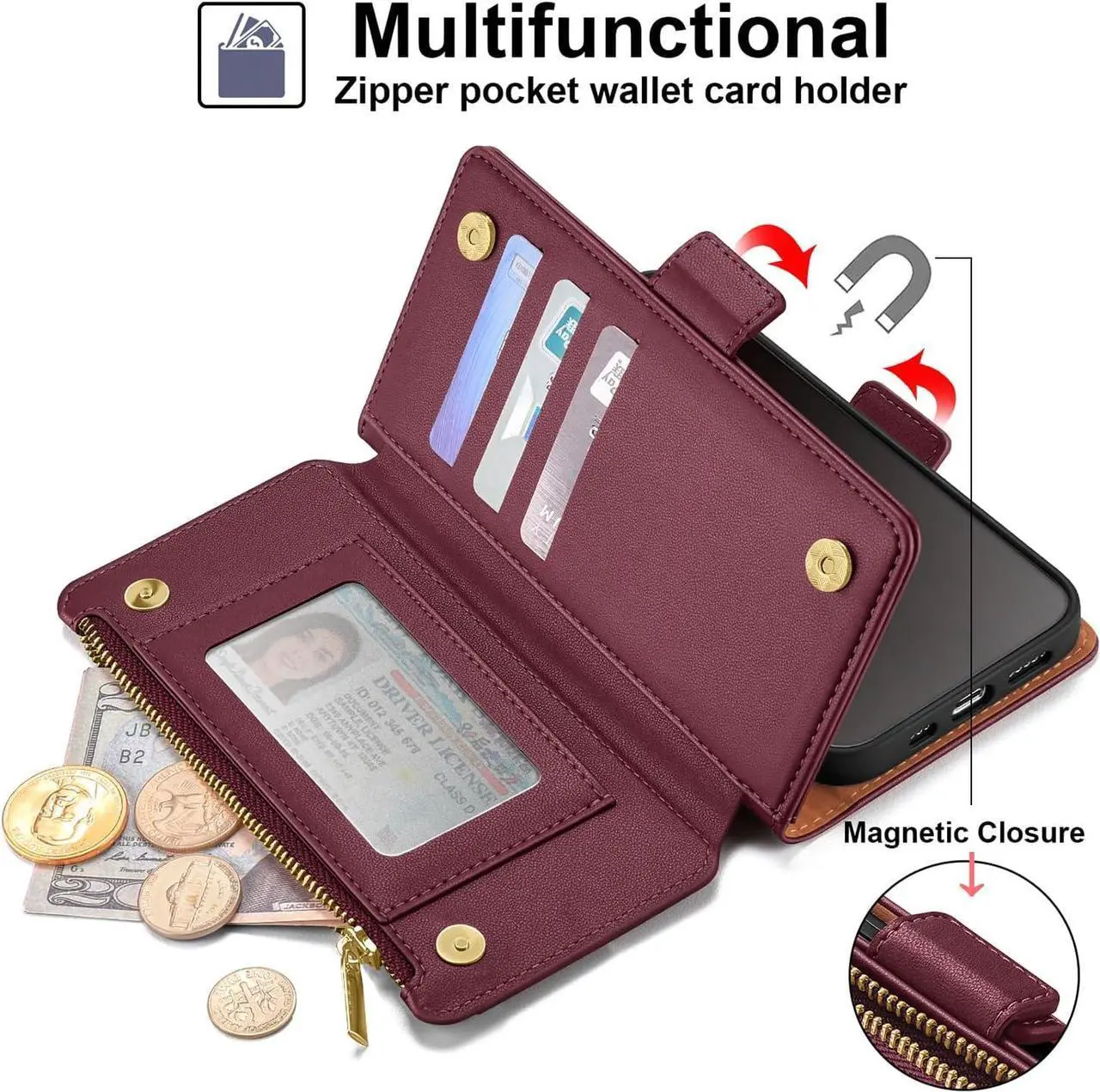 Alt view image 4 of 7 - for iPhone 11 Wallet CaseRFID Blocking PU Leather Phone Case Women Men flip Shockproof Protective Cover with Wrist Strap Zipper Pocket Credit Card Holder Slots,for Apple 11 6.1",Wine Red