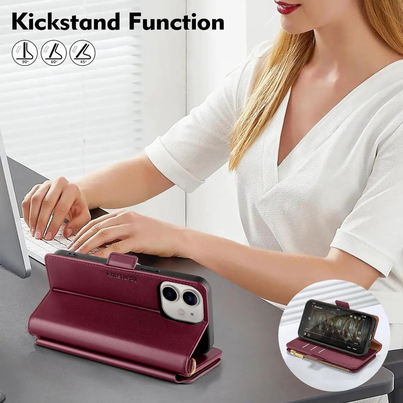 Alt view image 5 of 7 - for iPhone 11 Wallet CaseRFID Blocking PU Leather Phone Case Women Men flip Shockproof Protective Cover with Wrist Strap Zipper Pocket Credit Card Holder Slots,for Apple 11 6.1",Wine Red