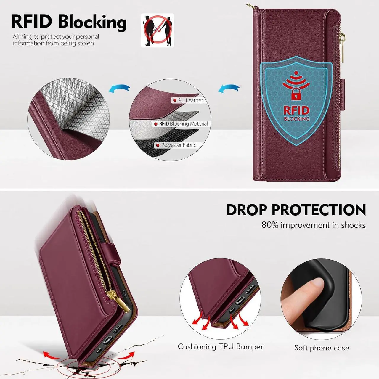 Alt view image 6 of 7 - for iPhone 11 Wallet CaseRFID Blocking PU Leather Phone Case Women Men flip Shockproof Protective Cover with Wrist Strap Zipper Pocket Credit Card Holder Slots,for Apple 11 6.1",Wine Red