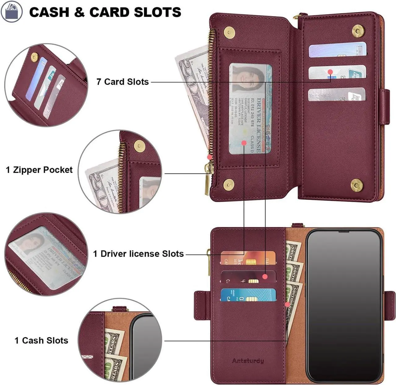 Alt view image 7 of 7 - for iPhone 11 Wallet CaseRFID Blocking PU Leather Phone Case Women Men flip Shockproof Protective Cover with Wrist Strap Zipper Pocket Credit Card Holder Slots,for Apple 11 6.1",Wine Red