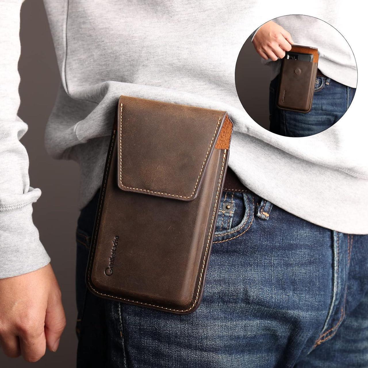 Alt view image 2 of 6 - Leather Cell Phone Holster with Belt Clip, Flip Cell Phone Case for iPhone 14 13 Pro, Phone Belt Holder for S22 S21, Universal Cell Phone Pouch for Smartphone, Darkbrown