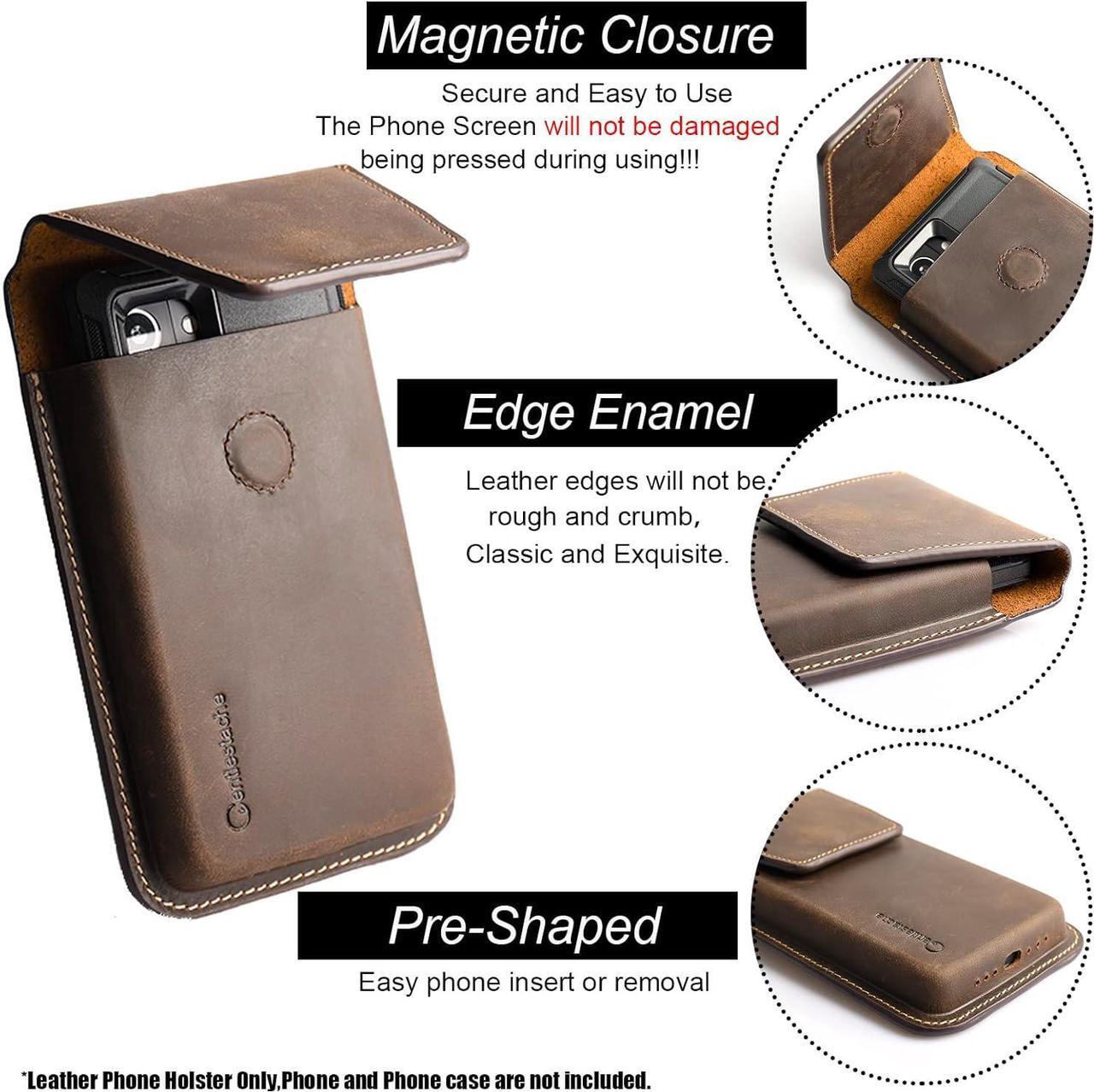 Alt view image 3 of 6 - Leather Cell Phone Holster with Belt Clip, Flip Cell Phone Case for iPhone 14 13 Pro, Phone Belt Holder for S22 S21, Universal Cell Phone Pouch for Smartphone, Darkbrown