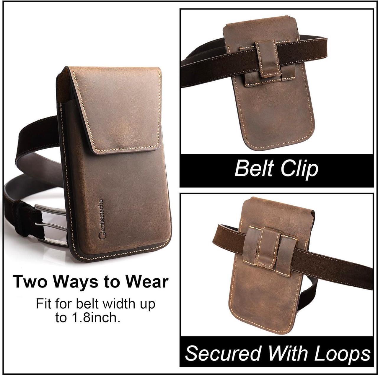 Alt view image 4 of 6 - Leather Cell Phone Holster with Belt Clip, Flip Cell Phone Case for iPhone 14 13 Pro, Phone Belt Holder for S22 S21, Universal Cell Phone Pouch for Smartphone, Darkbrown