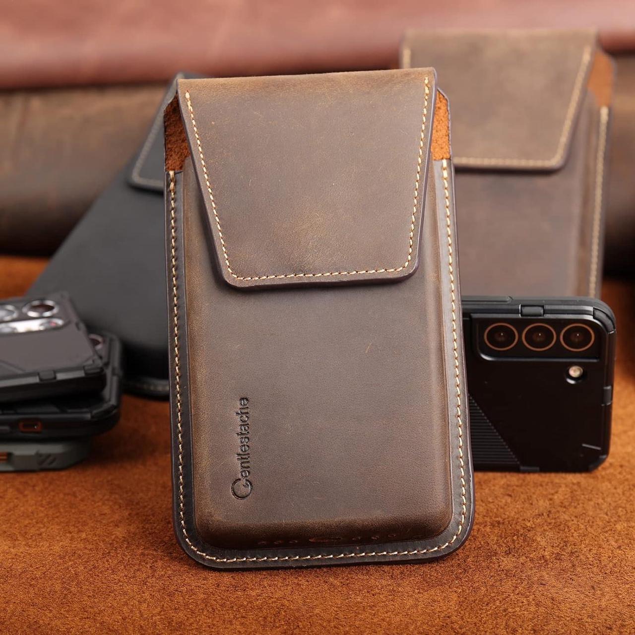 Alt view image 6 of 6 - Leather Cell Phone Holster with Belt Clip, Flip Cell Phone Case for iPhone 14 13 Pro, Phone Belt Holder for S22 S21, Universal Cell Phone Pouch for Smartphone, Darkbrown