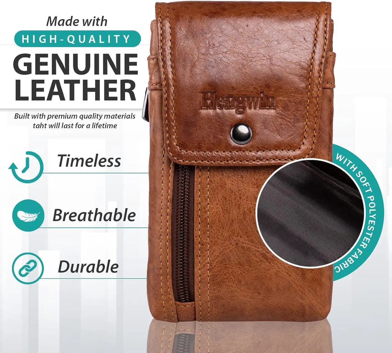 Alt view image 2 of 6 - Hengwin Leather Cell Phone Holster Fits for iPhone 15 Pro 14 Pro 13 Pro 12 Pro 11 Pro Samsung Galaxy S24 Pouch Case with Belt Clip Belt Loop Card Holder, Waist Purse Mobile Phone Bag for Belt (Brown)