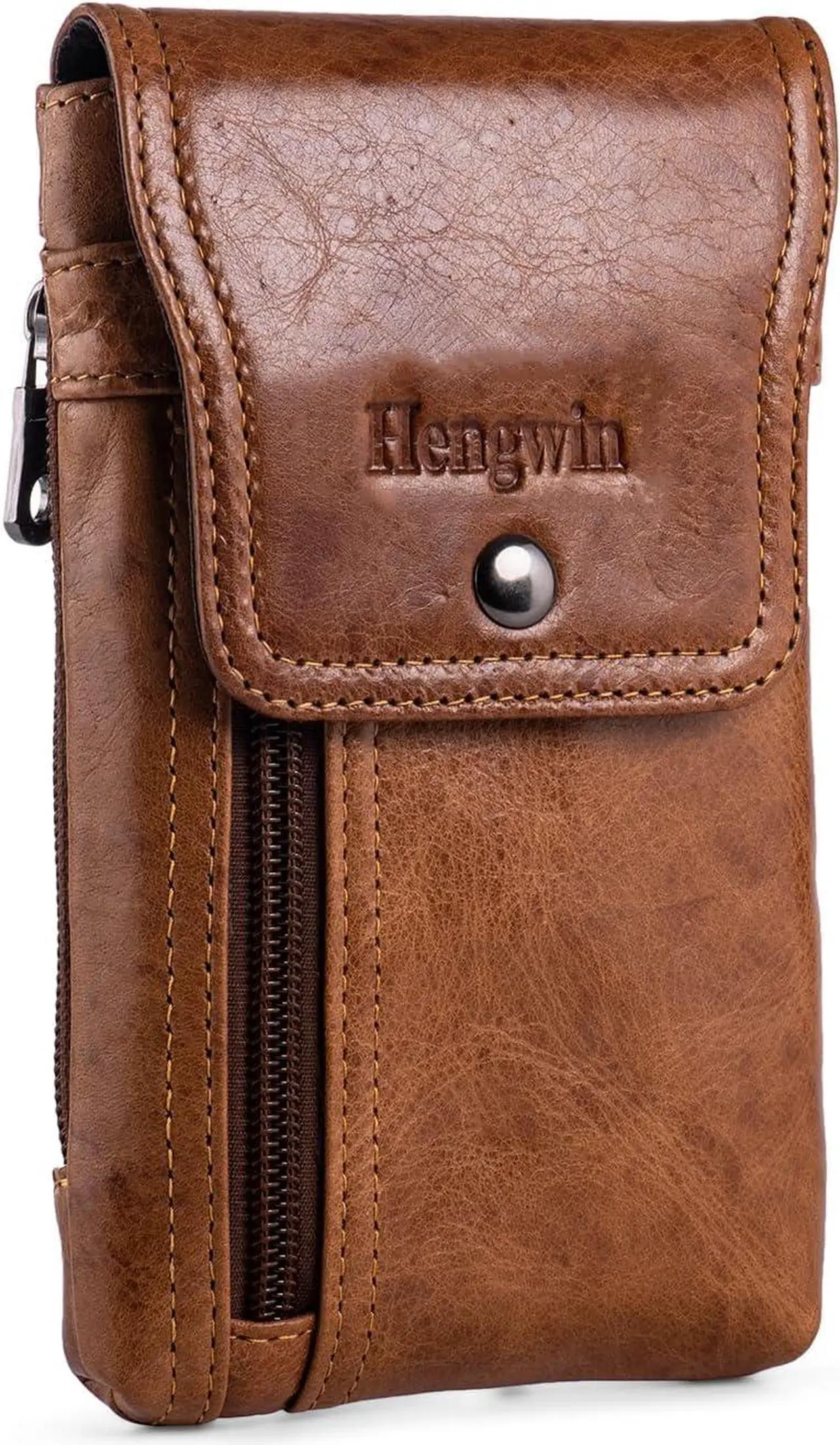 Main image of Hengwin Leather Cell Phone Holster Fits for iPhone 15 Pro 14 Pro 13 Pro 12 Pro 11 Pro Samsung Galaxy S24 Pouch Case with Belt Clip Belt Loop Card Holder, Waist Purse Mobile Phone Bag for Belt (Brown)