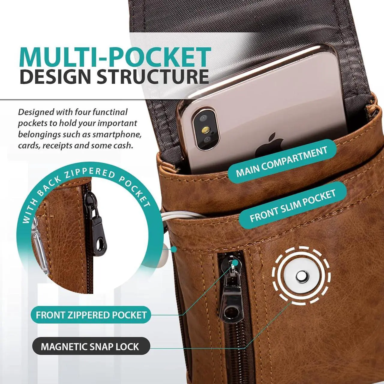 Alt view image 4 of 6 - Hengwin Leather Cell Phone Holster Fits for iPhone 15 Pro 14 Pro 13 Pro 12 Pro 11 Pro Samsung Galaxy S24 Pouch Case with Belt Clip Belt Loop Card Holder, Waist Purse Mobile Phone Bag for Belt (Brown)
