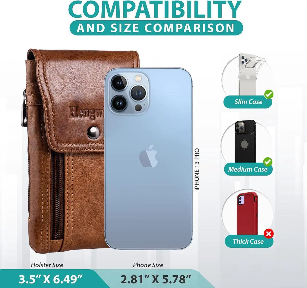 Alt view image 3 of 6 - Hengwin Leather Cell Phone Holster Fits for iPhone 15 Pro 14 Pro 13 Pro 12 Pro 11 Pro Samsung Galaxy S24 Pouch Case with Belt Clip Belt Loop Card Holder, Waist Purse Mobile Phone Bag for Belt (Brown)