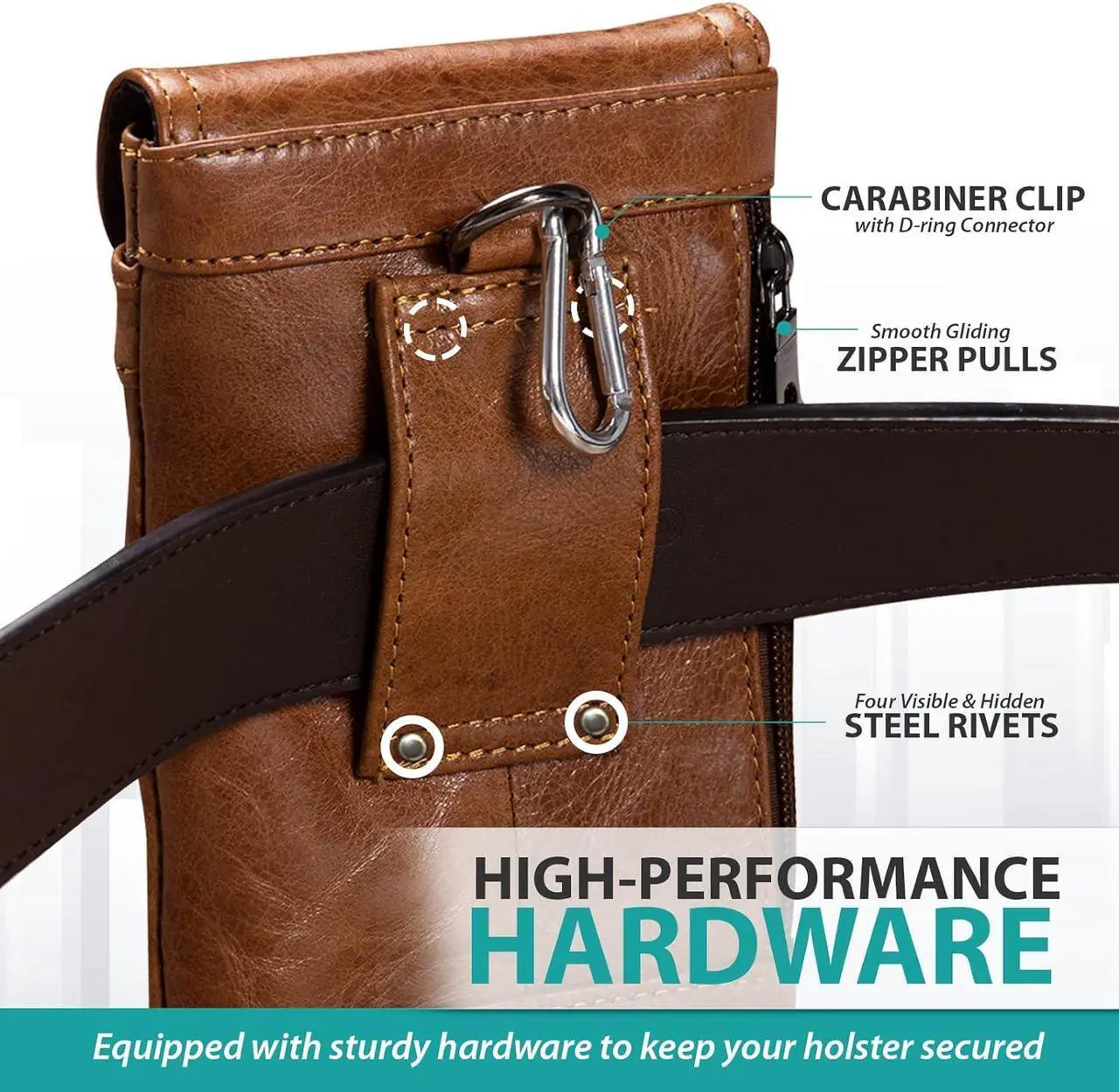 Alt view image 5 of 6 - Hengwin Leather Cell Phone Holster Fits for iPhone 15 Pro 14 Pro 13 Pro 12 Pro 11 Pro Samsung Galaxy S24 Pouch Case with Belt Clip Belt Loop Card Holder, Waist Purse Mobile Phone Bag for Belt (Brown)