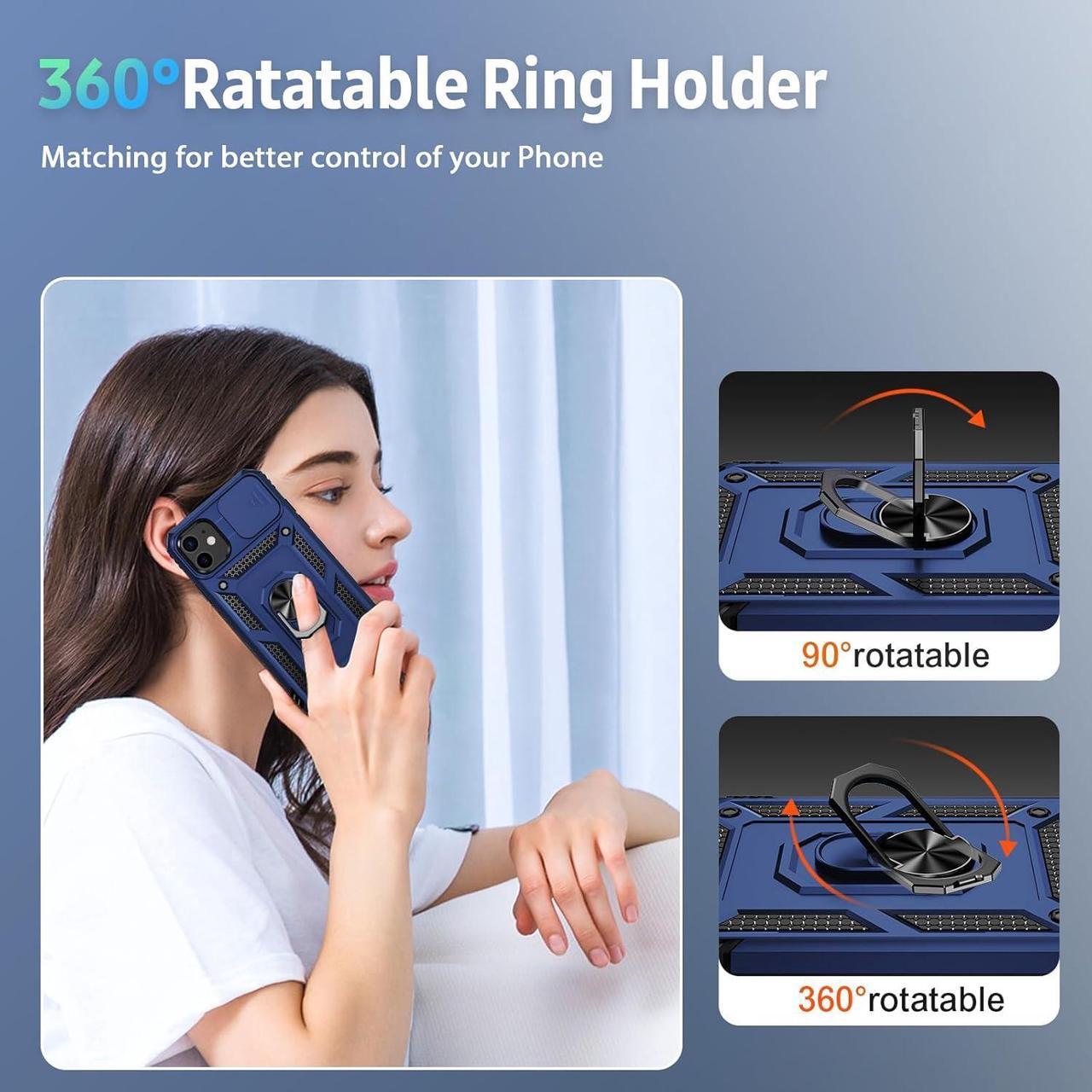 Alt view image 6 of 6 - for iPhone 11 Case with Camera Lens Cover, HD Screen Protector, 10 FT Military Grade Drop Protection, Magnetic Ring Holder Kickstand Protective Phone Case for iPhone 11, Navy Blue
