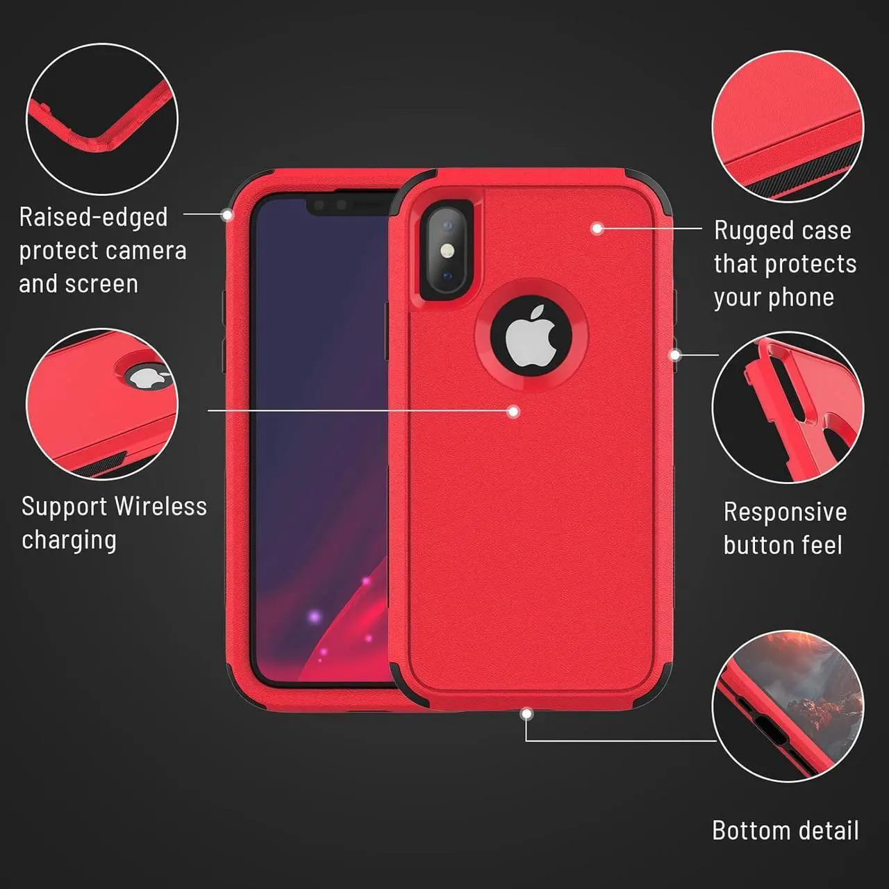 Alt view image 7 of 7 - for iPhone XR Case [Dropproof] [Shockproof] 3-Layers Heavy Duty Drop Protection Case Cover for iPhone XR 6.1 Inch with Tempered Glass Screen Protector, Rugged XR Phone Case- Red Black