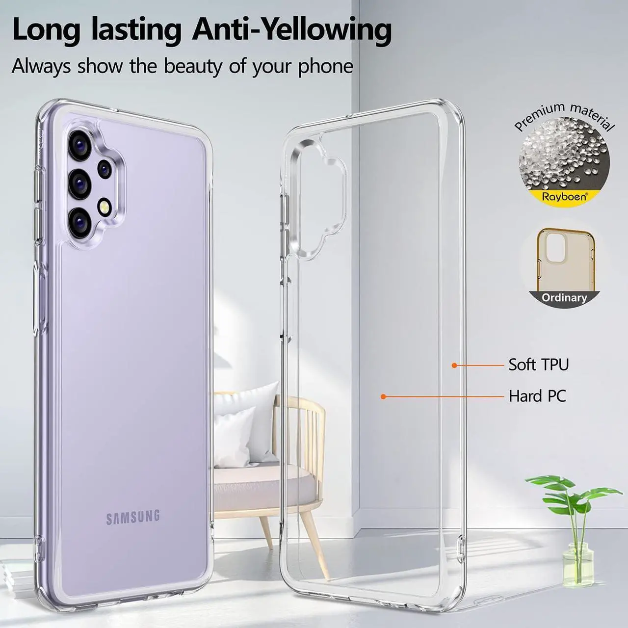 Alt view image 6 of 7 - Rayboen for Samsung Galaxy A32 5G Case Diamond Clear Designed [Anti-Yellowing] Shockproof Phone Case, Hard Back & Soft TPU Bumper Hybrid Transparent Cover for Galaxy A32 5G Phone Case 6.5 inch