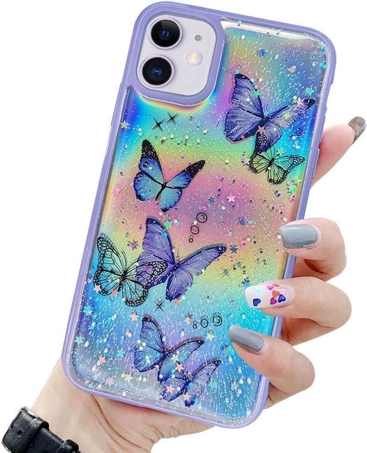 Main image of LCHULLE Girly Case for iPhone 11 Case Cute Iridescent Butterfly Design Laser Bling Glitter Stars for Girls Women Soft TPU Bumper Drop Protection Case Cover for iPhone 11, Purple