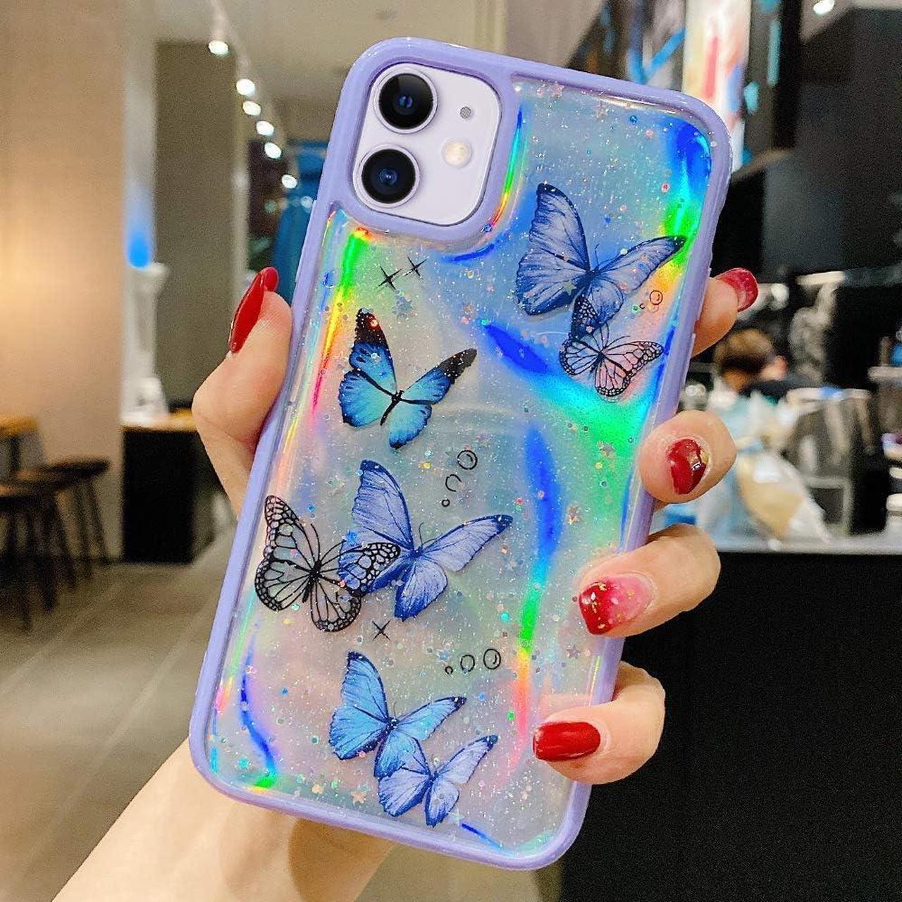Alt view image 2 of 7 - LCHULLE Girly Case for iPhone 11 Case Cute Iridescent Butterfly Design Laser Bling Glitter Stars for Girls Women Soft TPU Bumper Drop Protection Case Cover for iPhone 11, Purple
